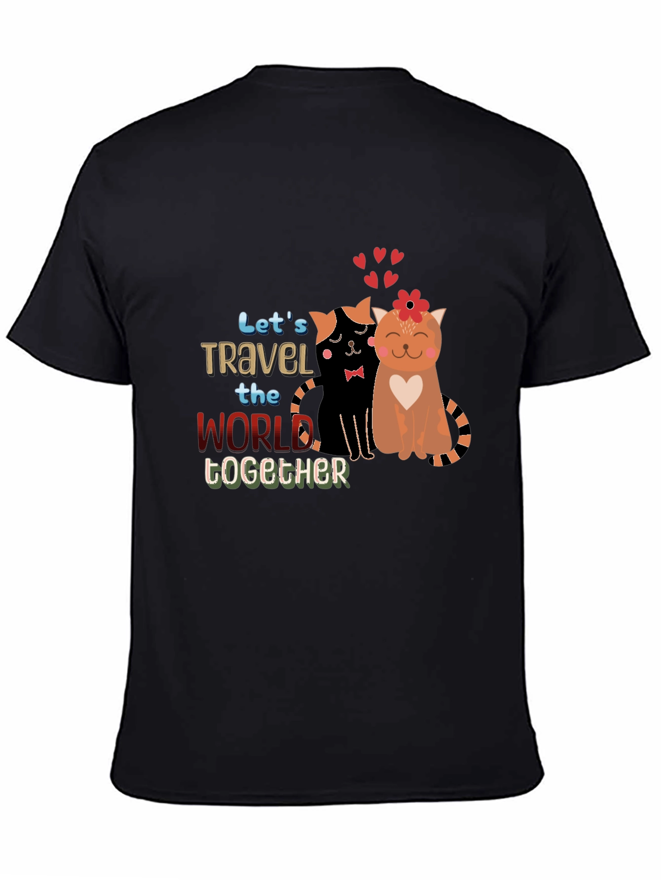 Black Cute Couple Cats Travel Together Graphic Black T-Shirt view 4