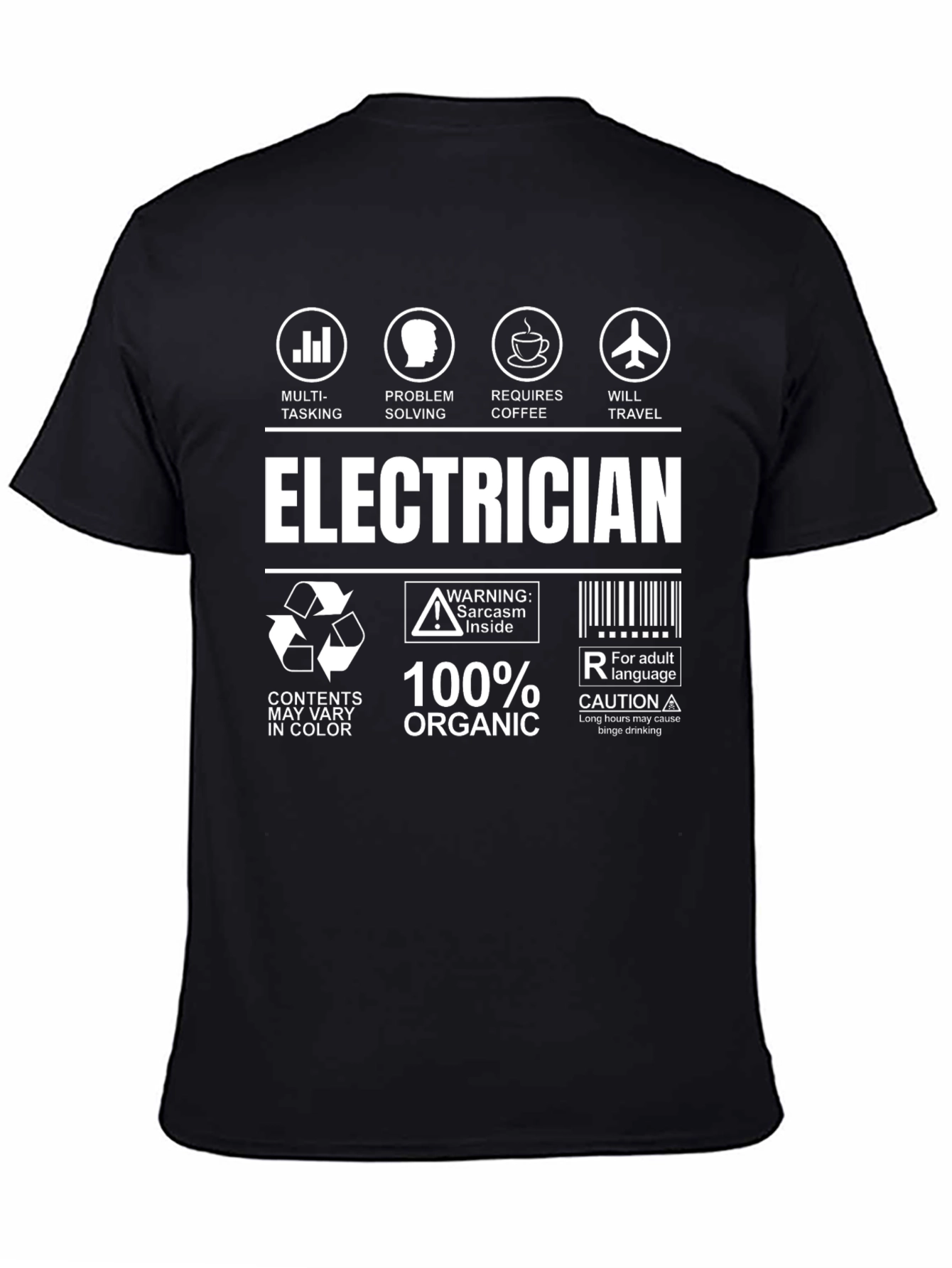 Black Electrician T-Shirt: Multi-Tasking, Coffee, Travel, Sarcasm view 4
