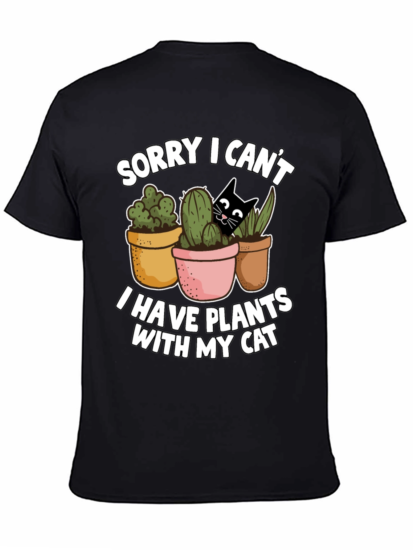 Black Funny Plants and Cat Graphic T-Shirt view 4