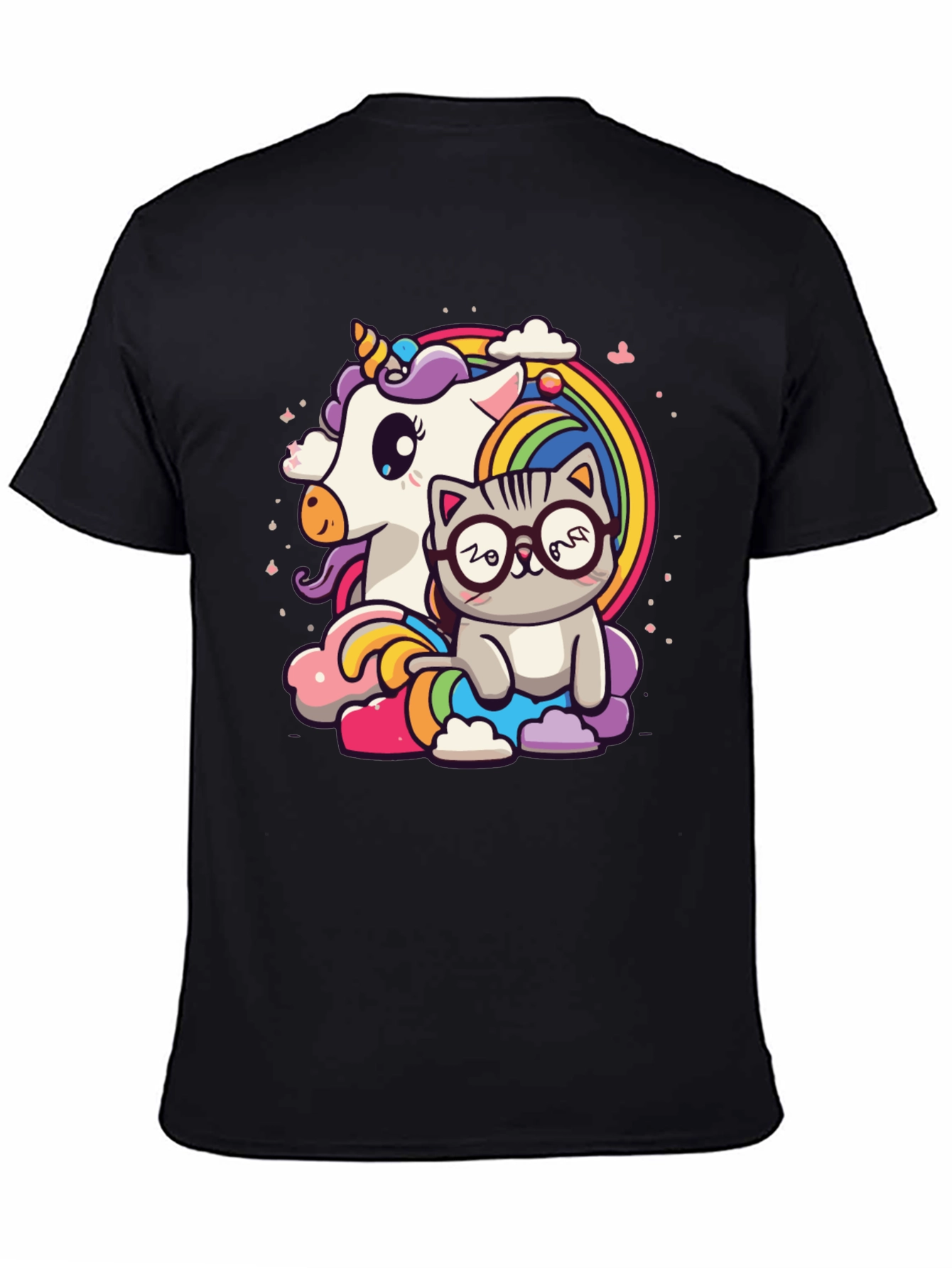 Black Unicorn Cat Rainbow Graphic Tee - Black view 4
