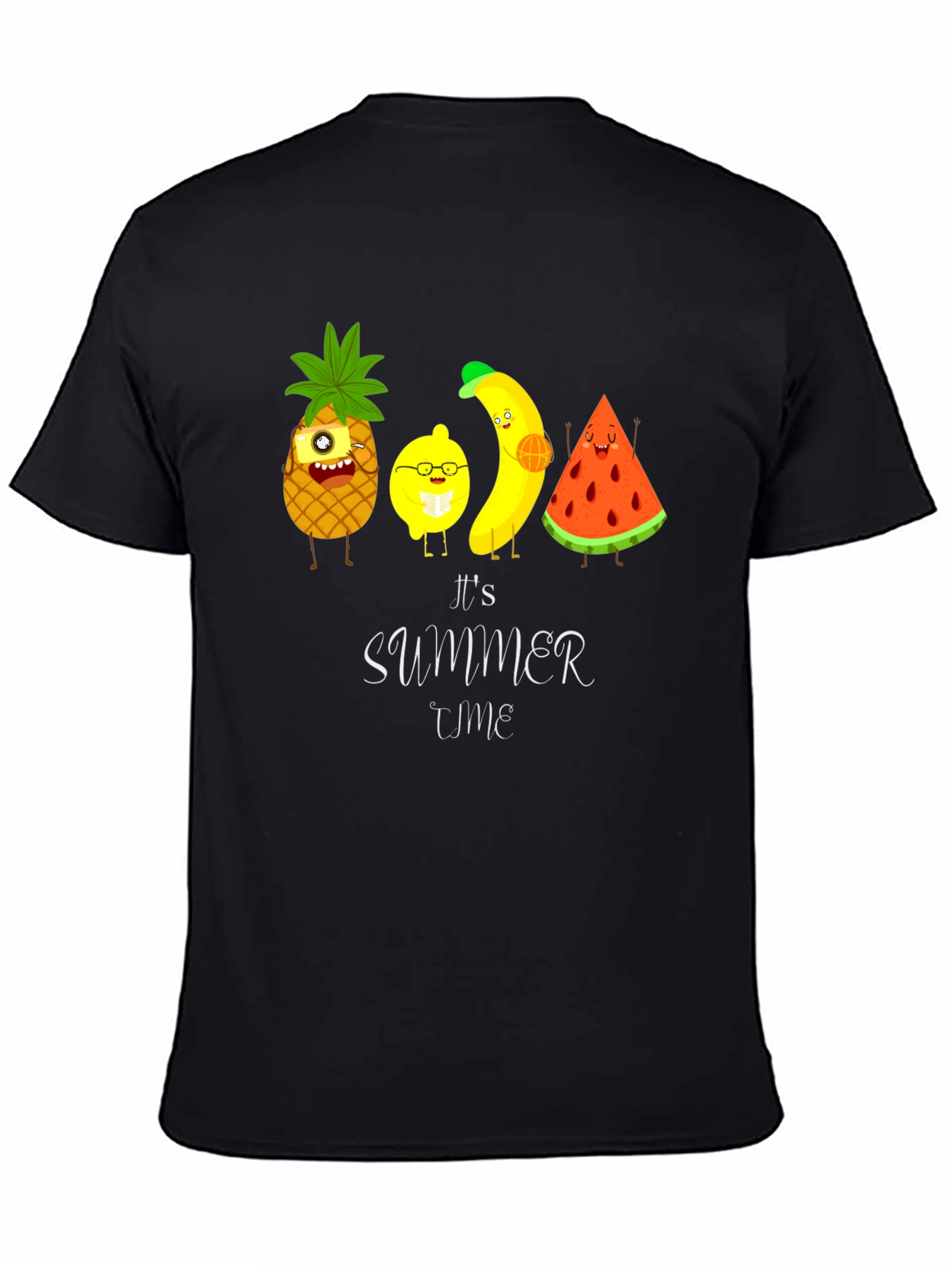 Black It's Summer Time Fruit Cartoon T-Shirt view 4