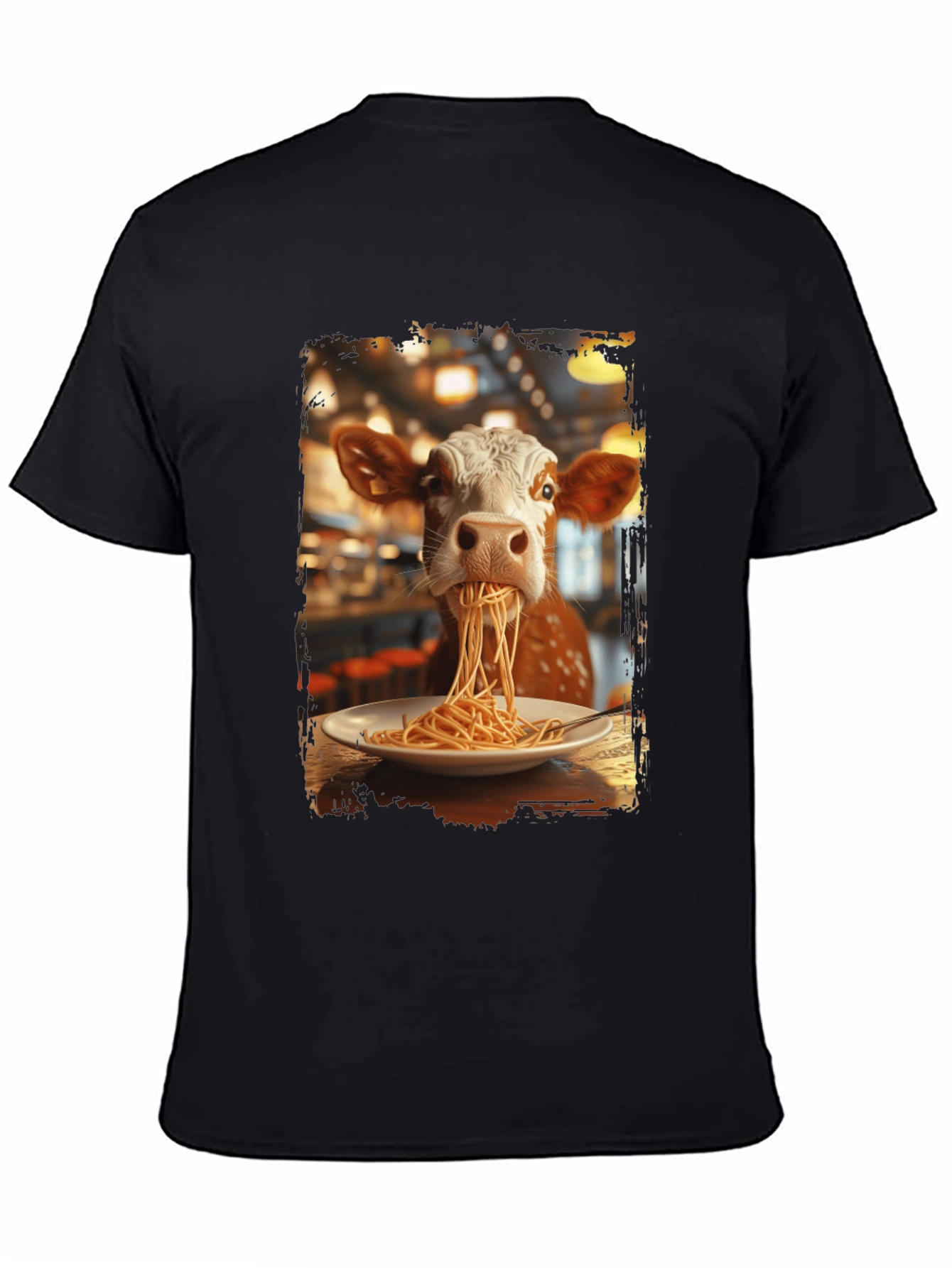 Black Cow Eating Spaghetti Graphic T-Shirt view 4