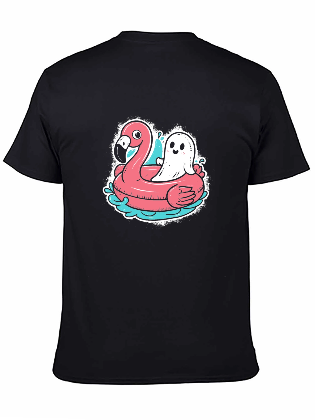 Black Ghost & Flamingo Float T-Shirt - Spooky Summer Vibes! view 4