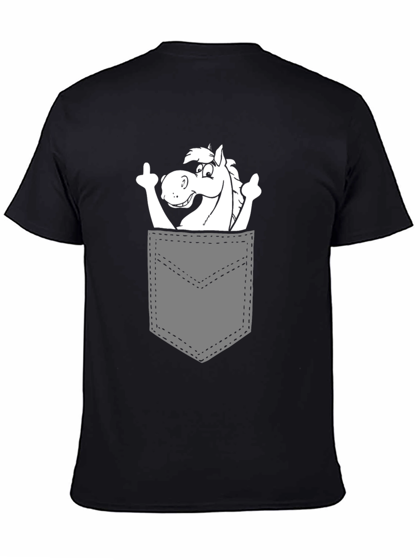 Black Horse in Pocket Graphic Tee - Quirky Black T-Shirt view 4