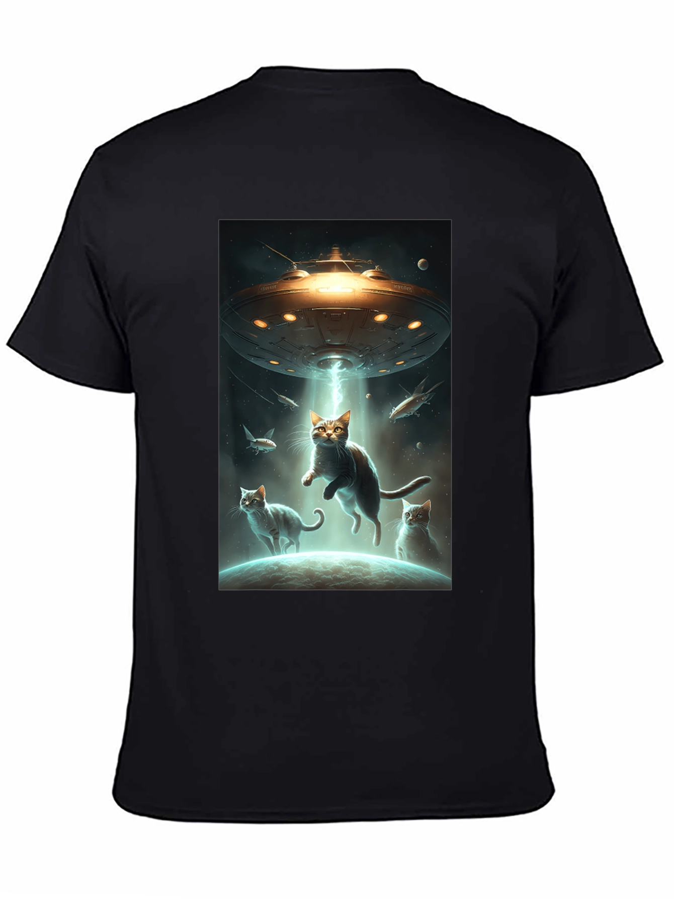 Black Alien Cat Abduction T-Shirt view 4