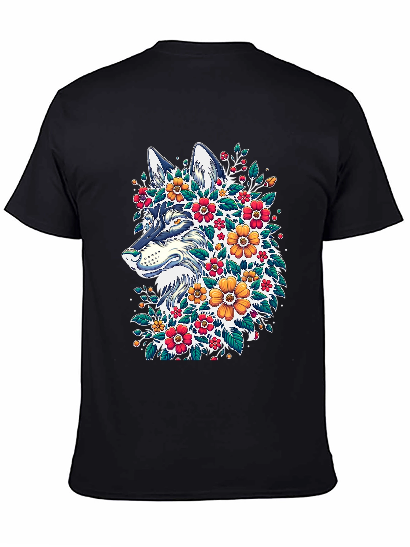 Black Floral Wolf T-Shirt - Artistic Graphic Tee view 4