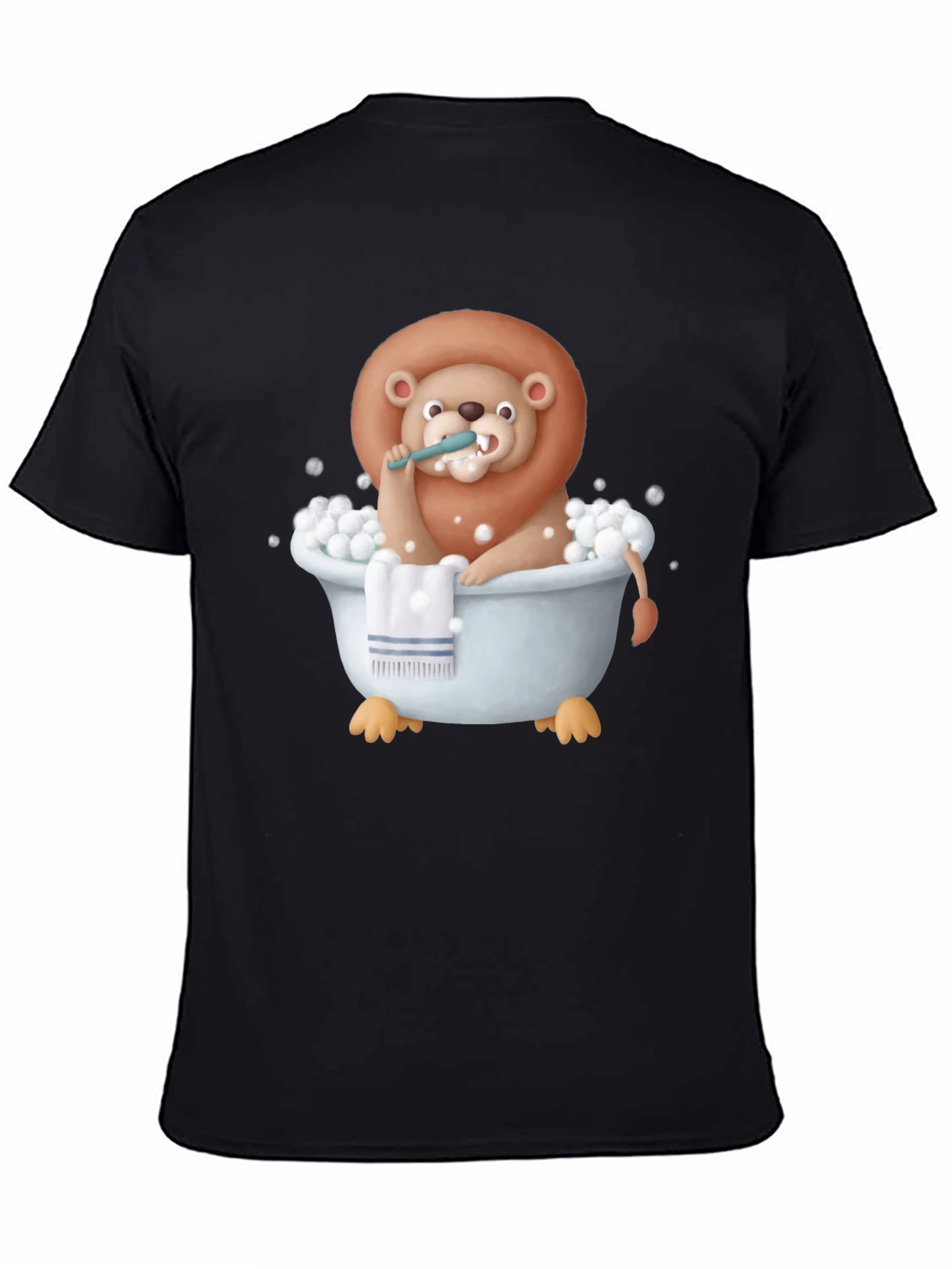Black Funny Lion in Bathtub Graphic T-Shirt view 4