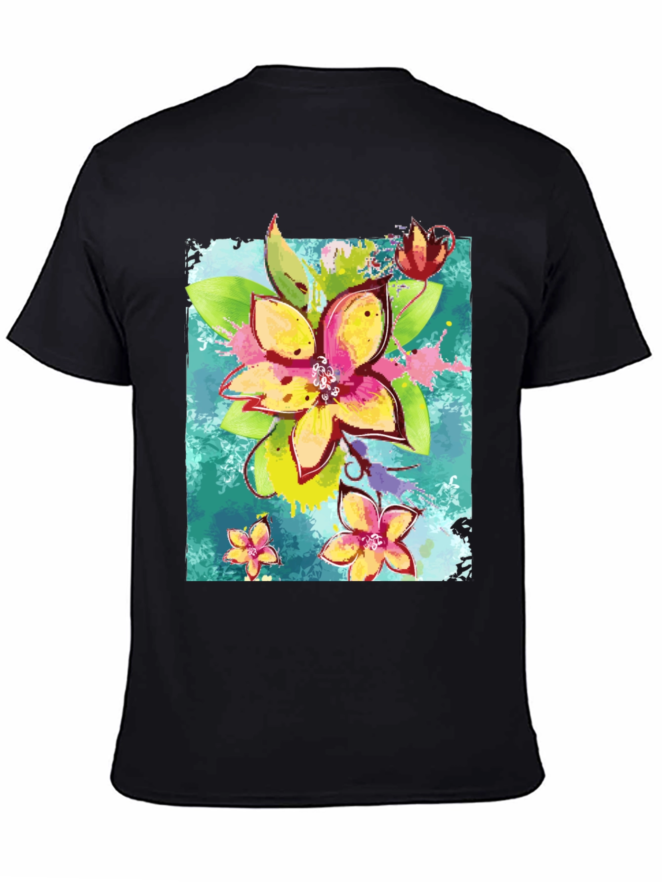 Black Floral Print Men's Black T-Shirt view 4