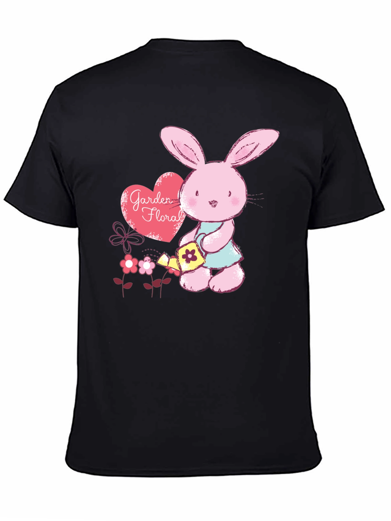 Black Cute Bunny Gardener T-Shirt - Floral Garden Design view 4