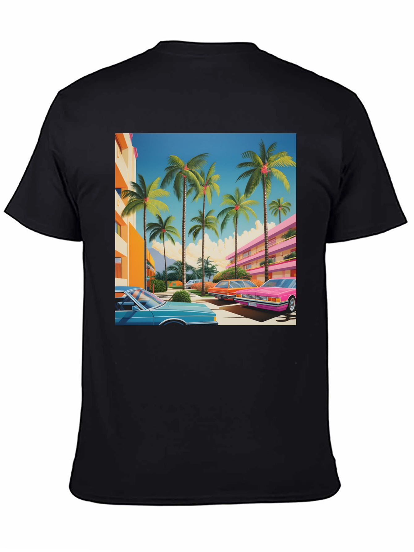 Black Retro Miami Palm Tree Cars T-Shirt view 4