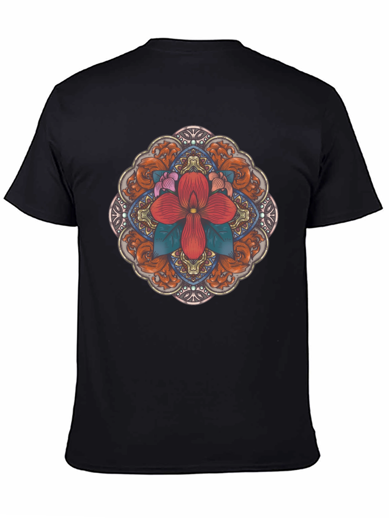 Black Floral Mandala Black T-Shirt view 4