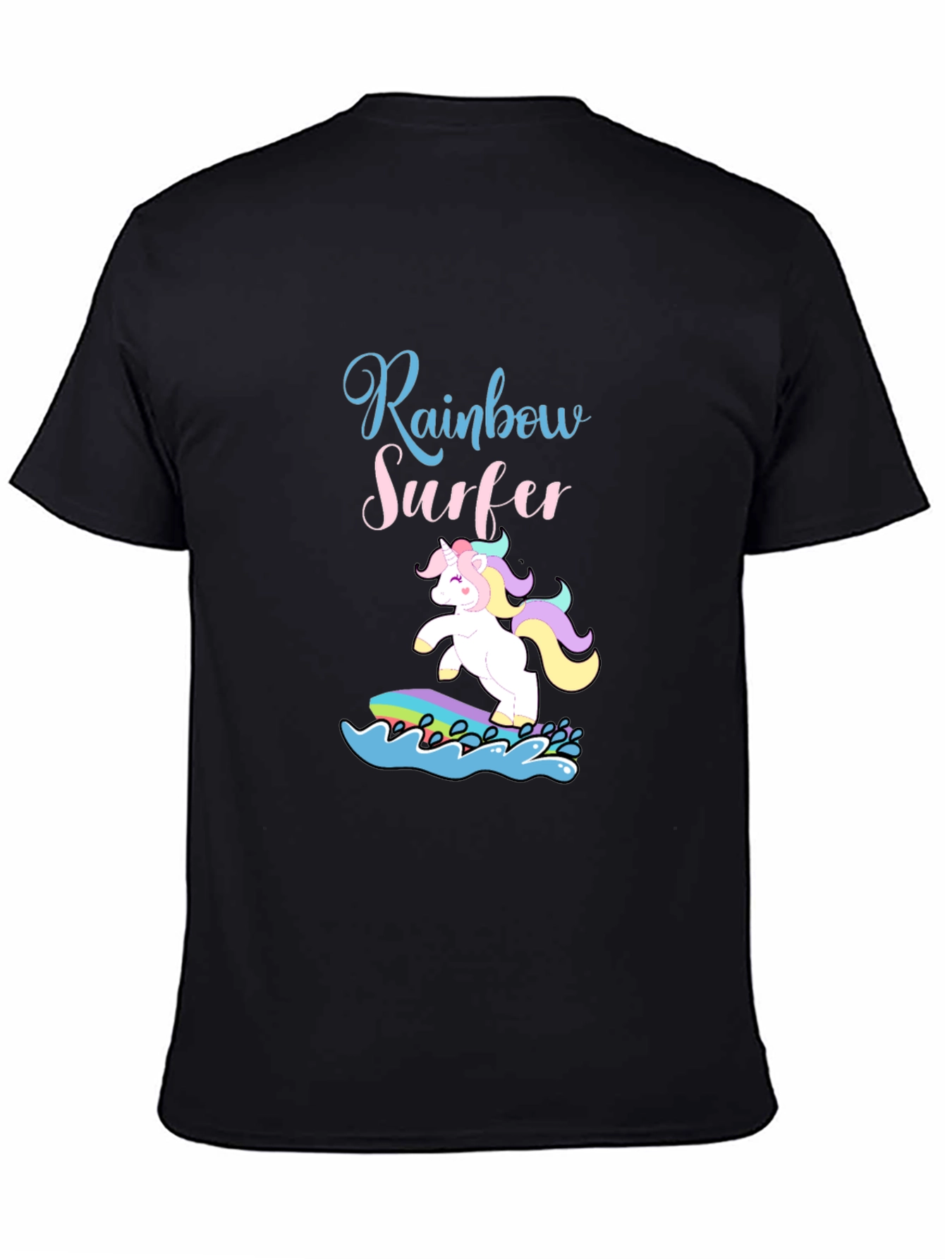 Black Rainbow Surfer Unicorn Graphic Tee - Black Cotton T-Shirt view 4