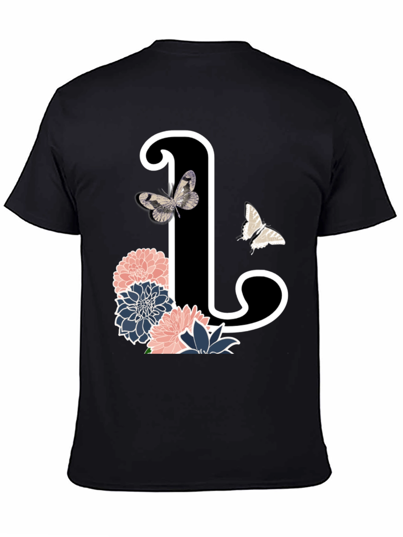 Black Floral Initial 'L' Black T-Shirt view 4