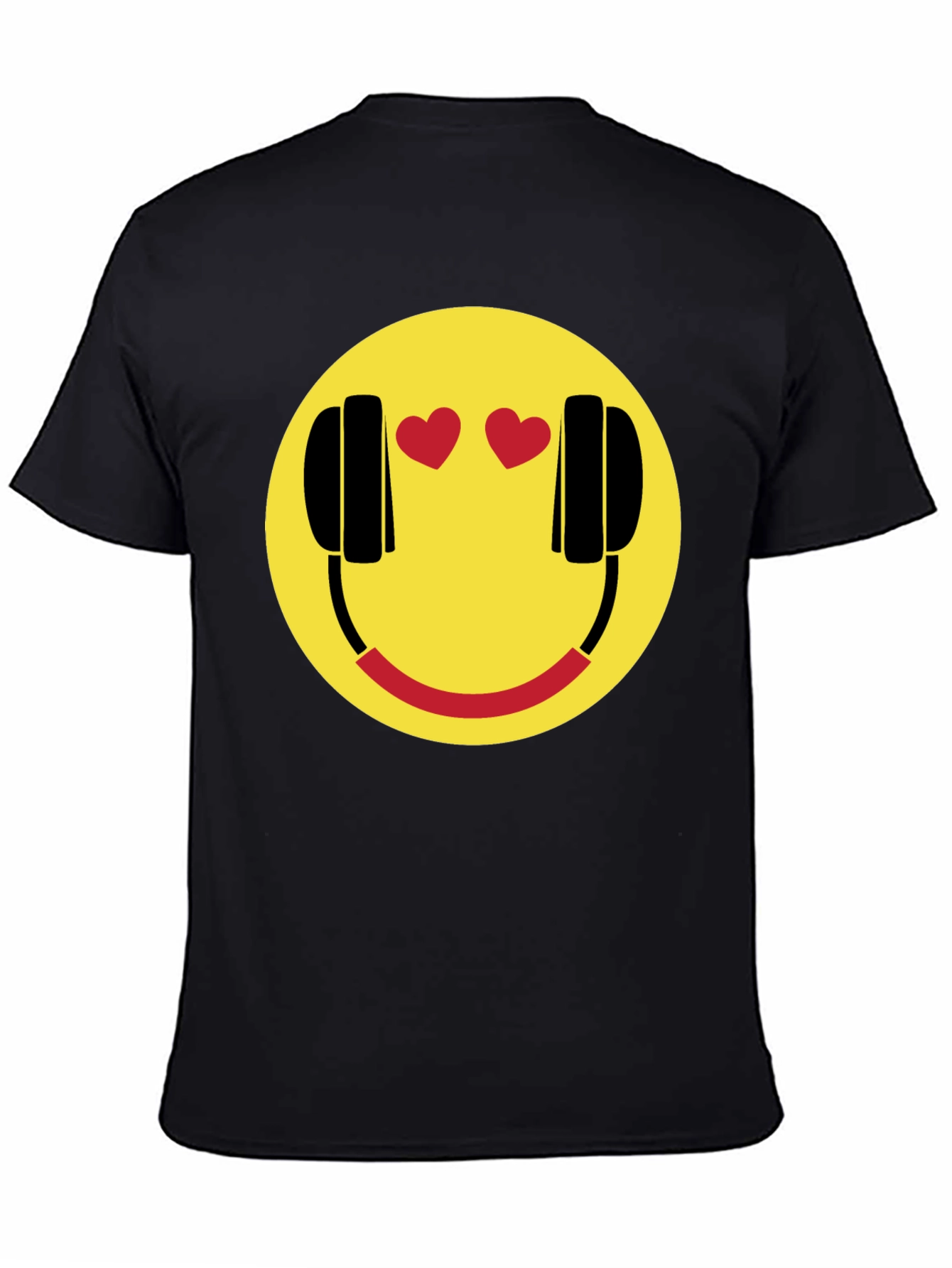 Black Smiley Face with Headphone Hearts T-Shirt view 4