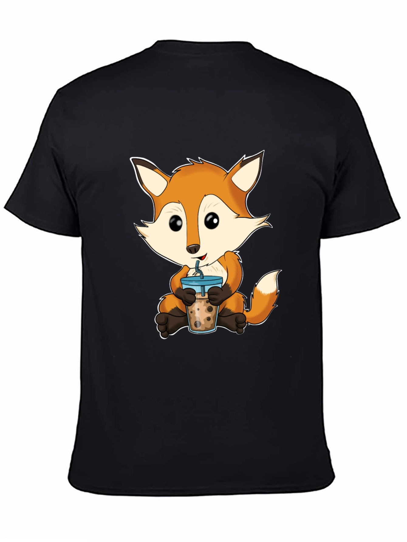 Black Cute Fox Boba Tea Graphic T-Shirt view 4