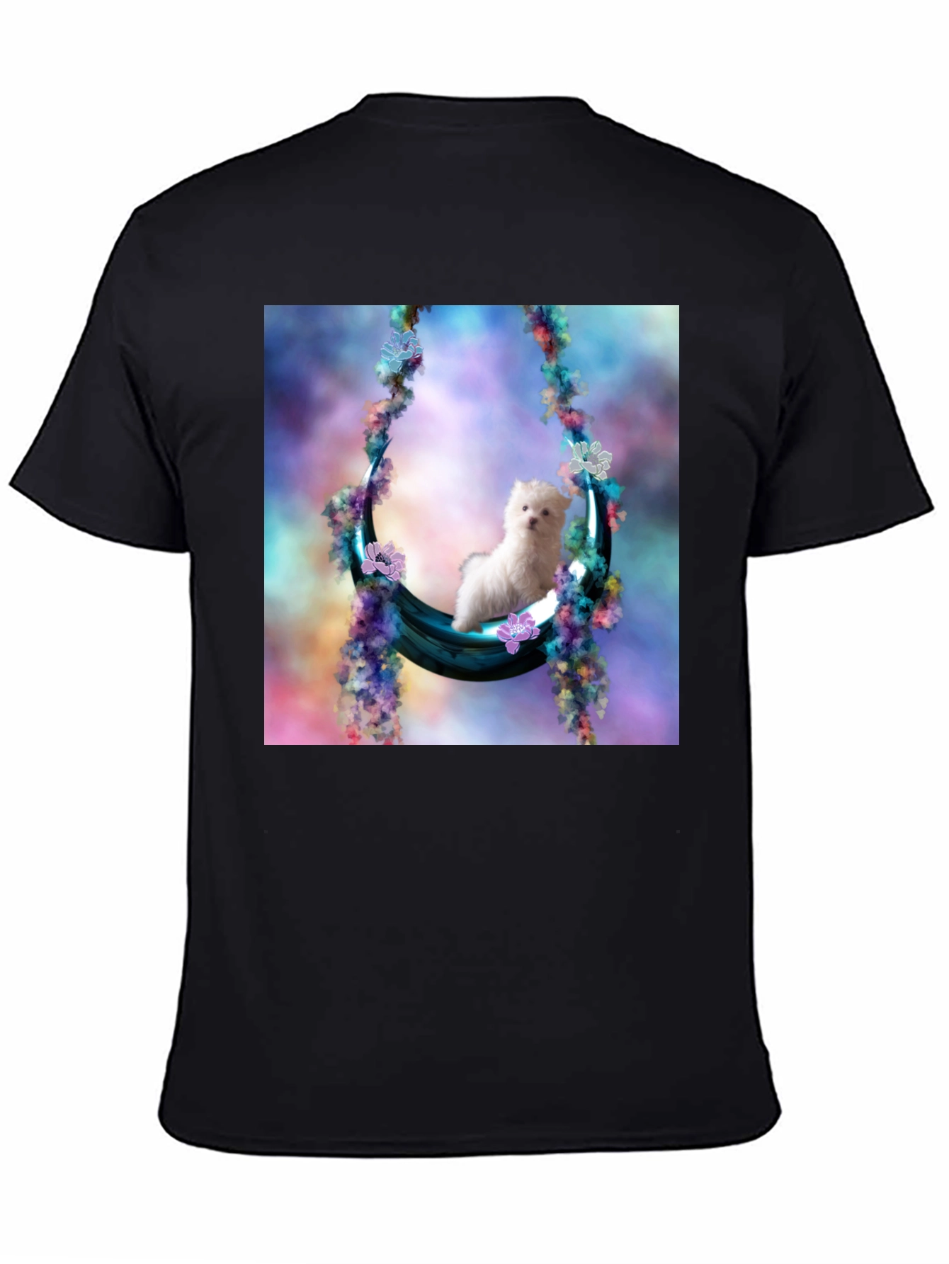 Black Cute Puppy in Floral Swing Black T-Shirt view 4