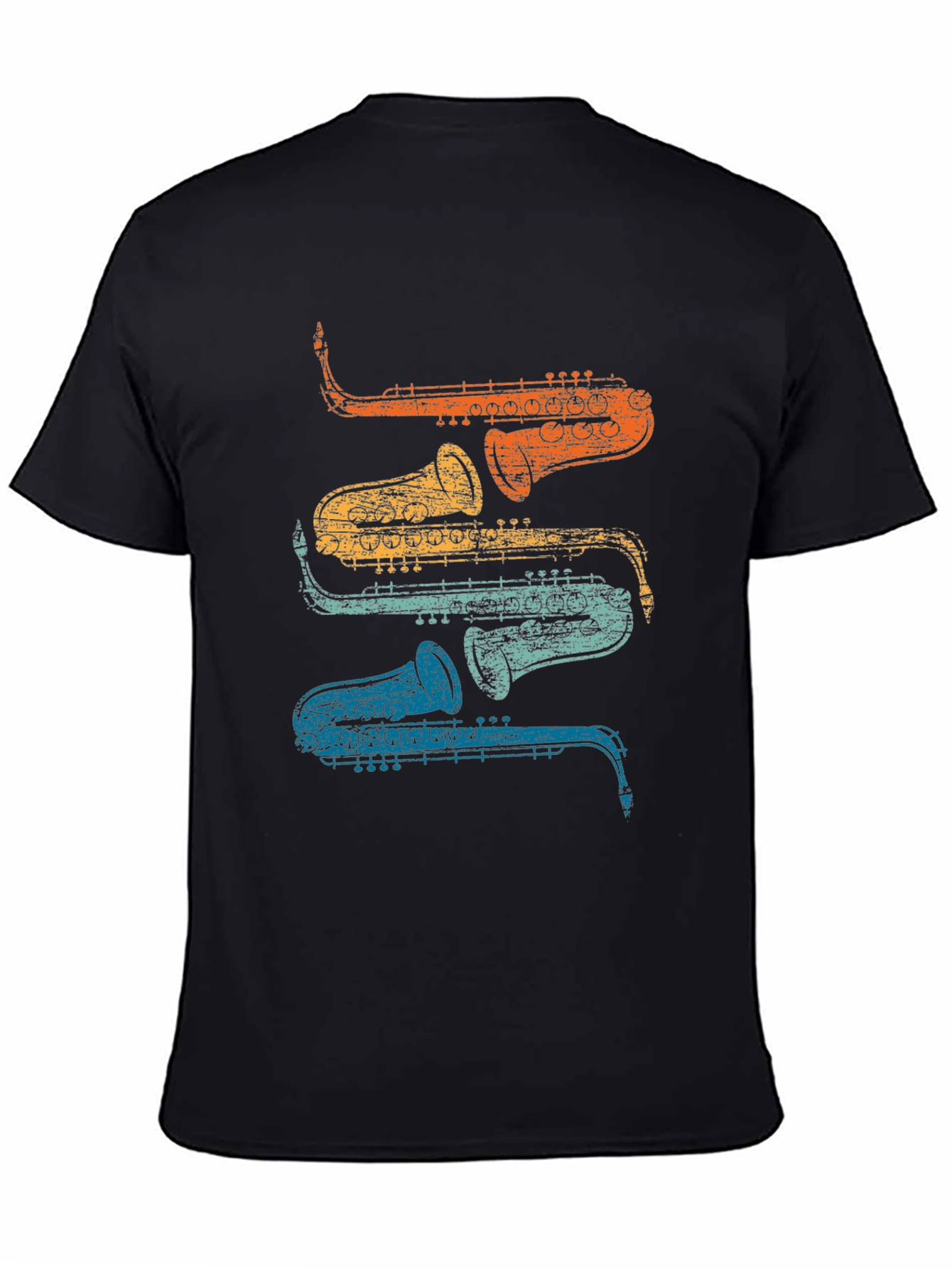 Black Retro Saxophone Stacked T-Shirt - Cool Musician Tee view 4