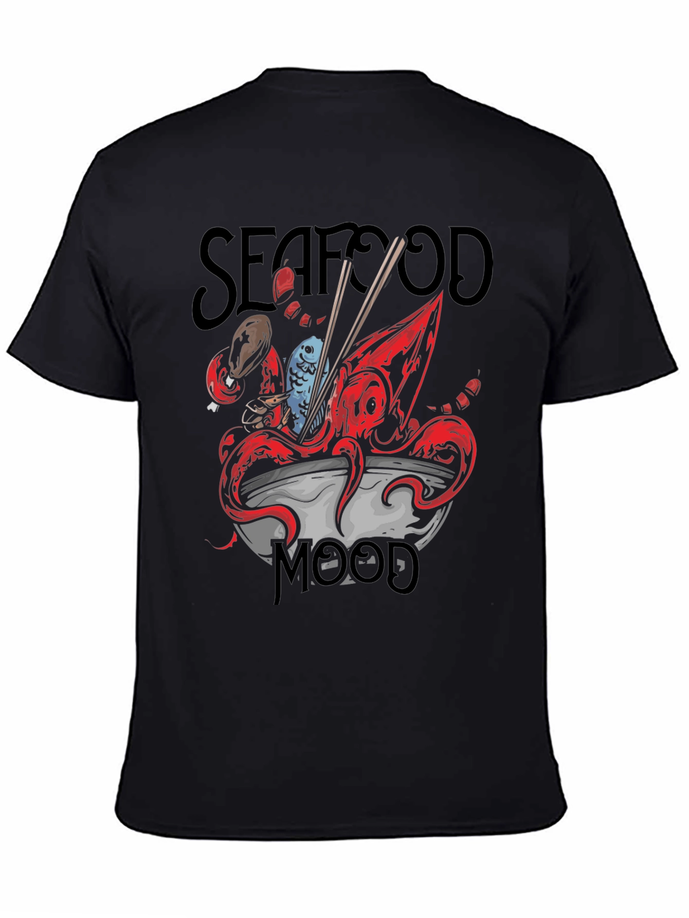 Black Seafood Mood Graphic Tee - Unique Octopus Ramen Design view 4