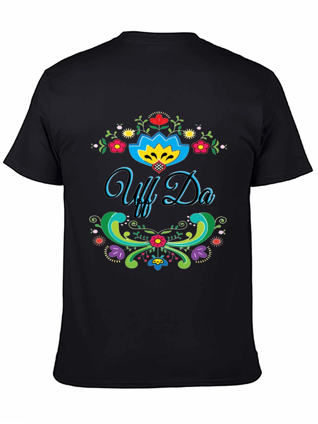Black Uff Da! Graphic T-Shirt - Colorful Floral Design view 4