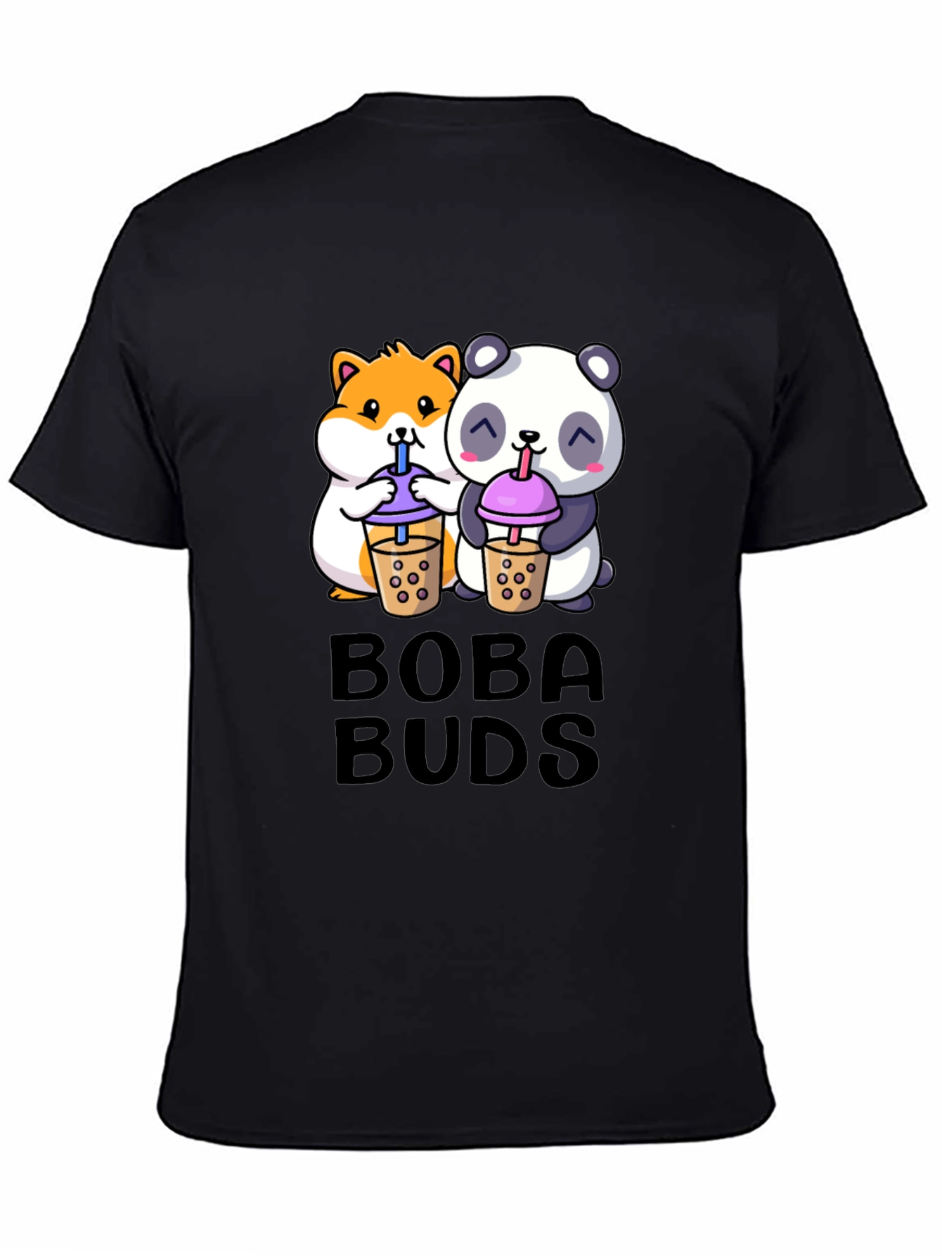 Black Boba Buds Graphic Tee - Cute Panda & Hamster Boba Design view 4