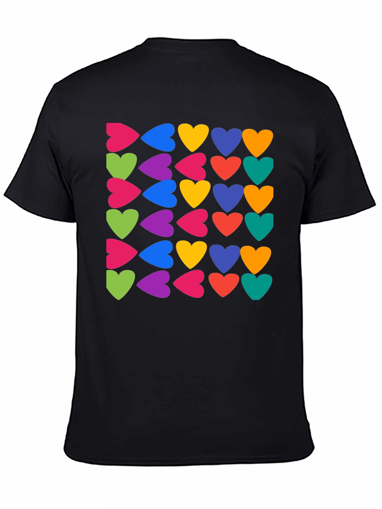 Black Colorful Hearts Pattern Black T-Shirt view 4