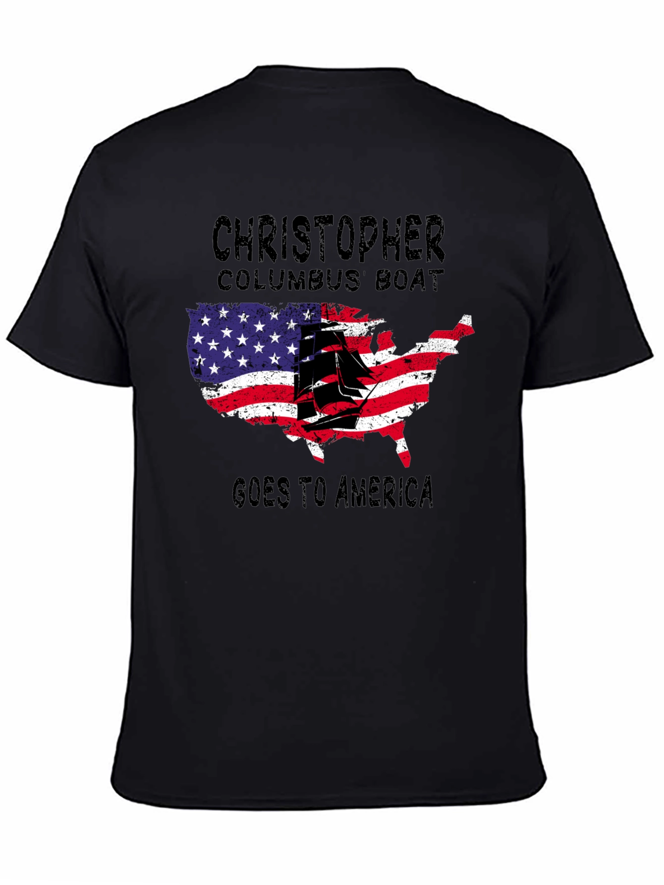 Black Christopher Columbus Boat USA Map T-Shirt view 4