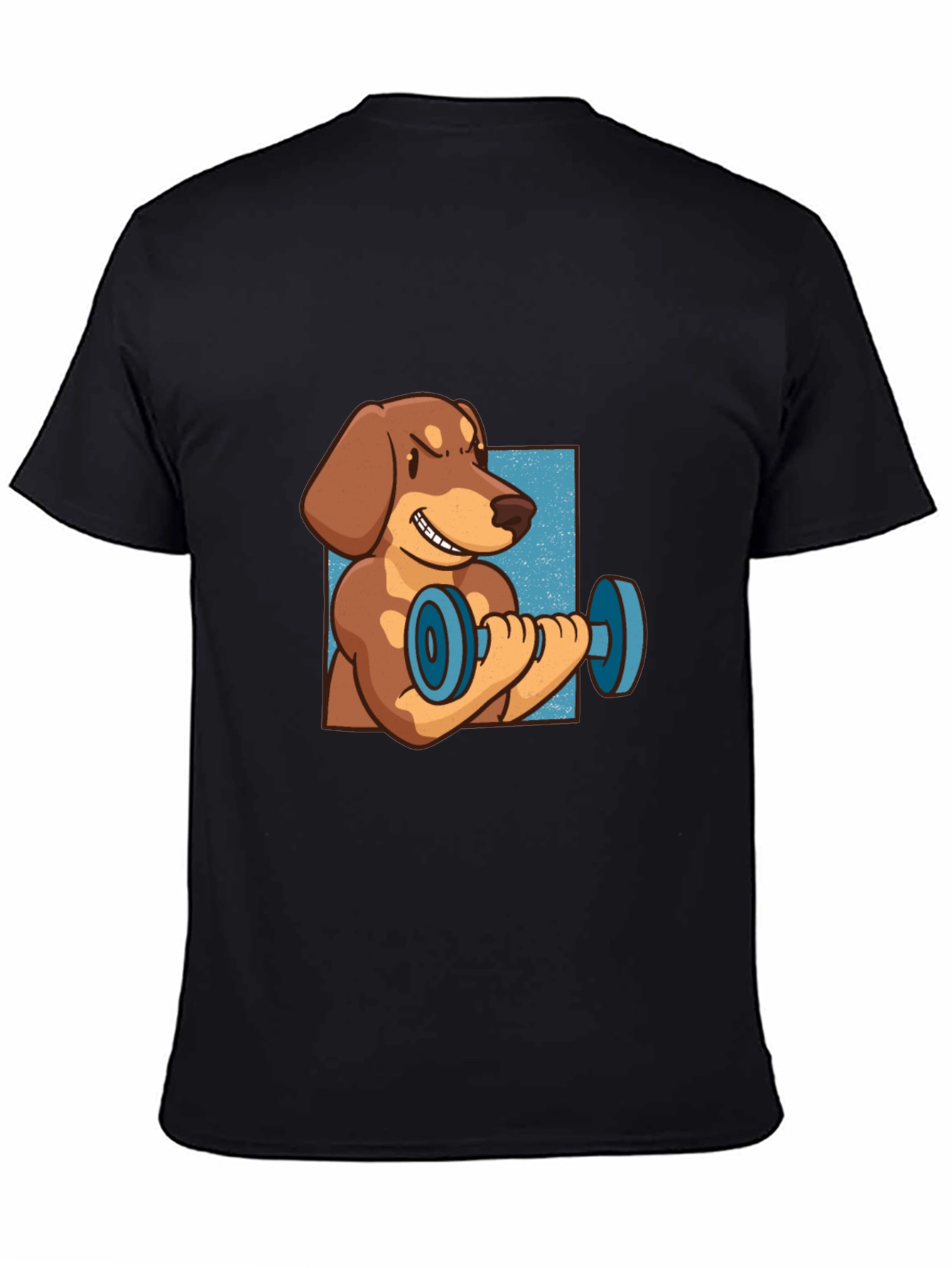 Black Funny Dachshund Lifting Dumbbell T-Shirt view 4