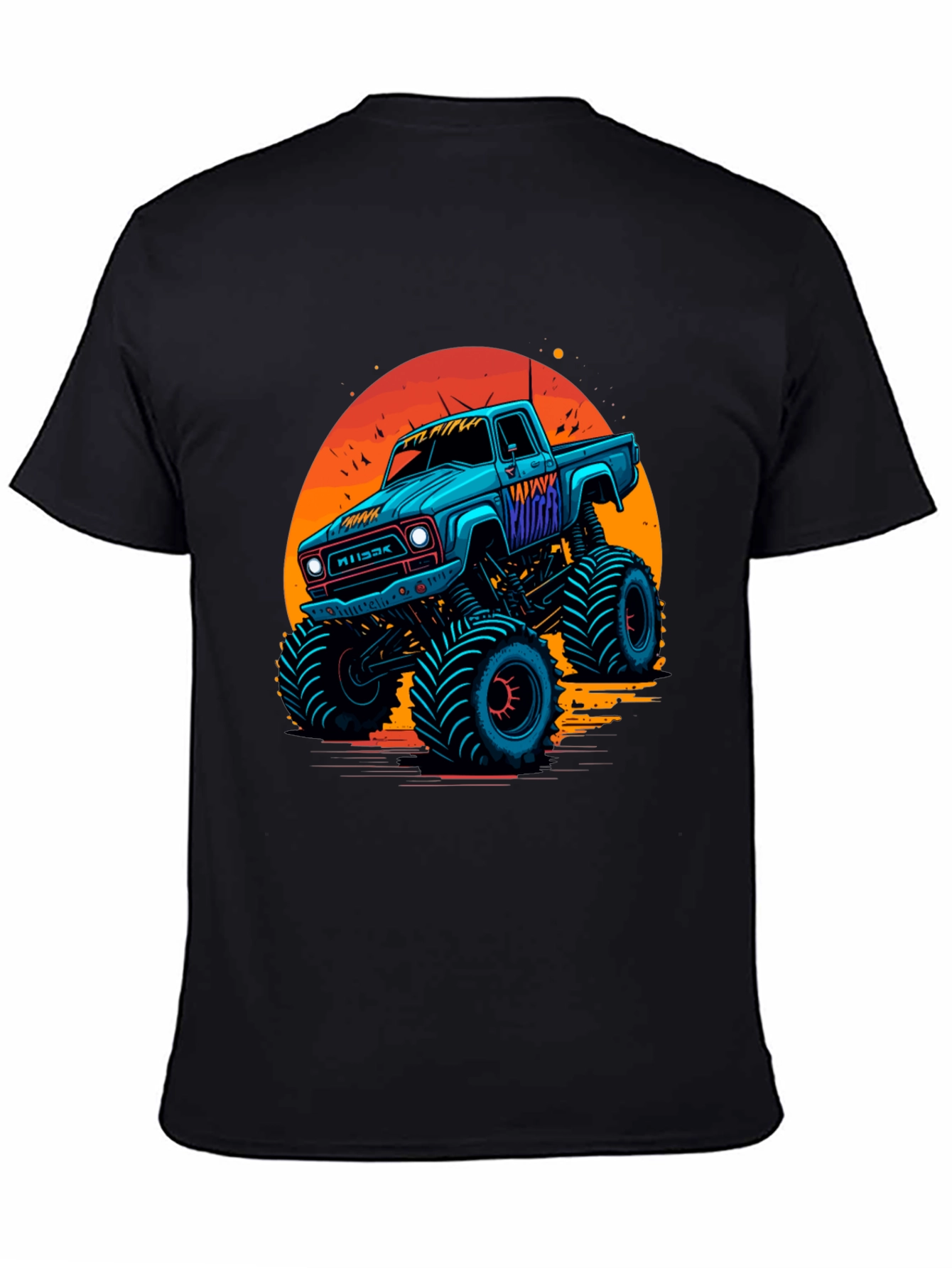 Black Monster Truck Graphic Tee - Retro Sunset Design view 4