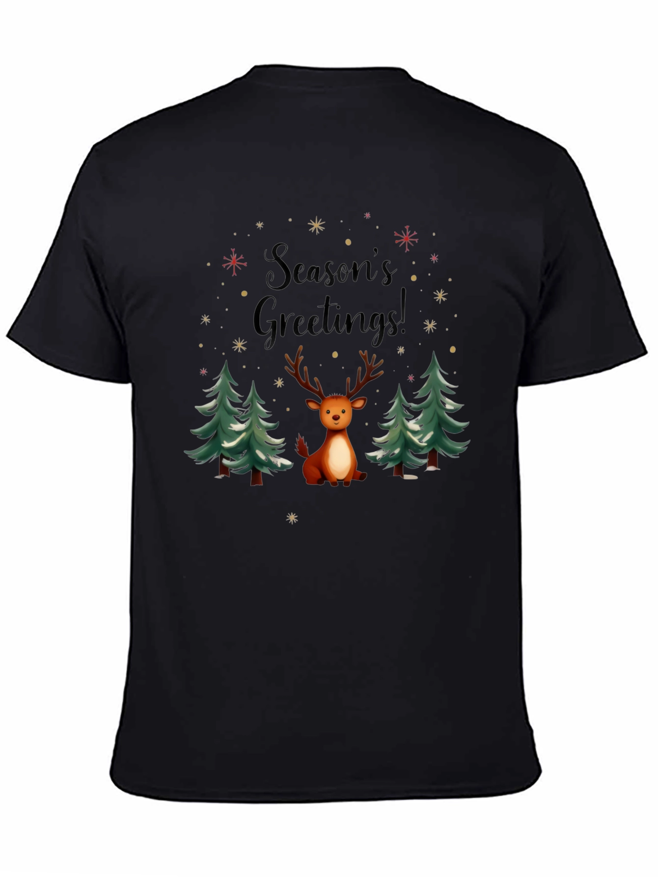 Black Season's Greetings Reindeer Holiday T-Shirt view 4