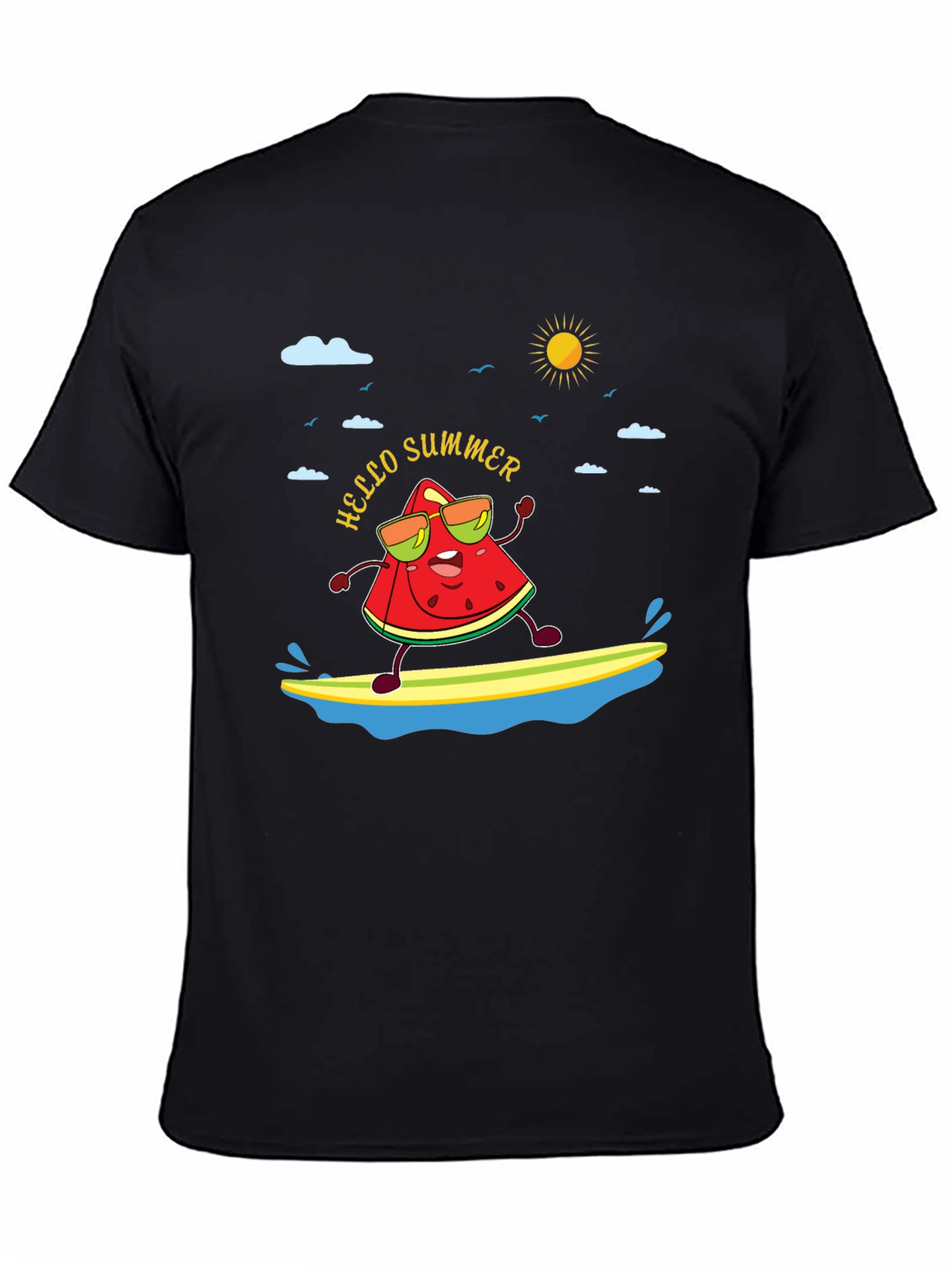 Black Hello Summer Watermelon Surfing T-Shirt view 4
