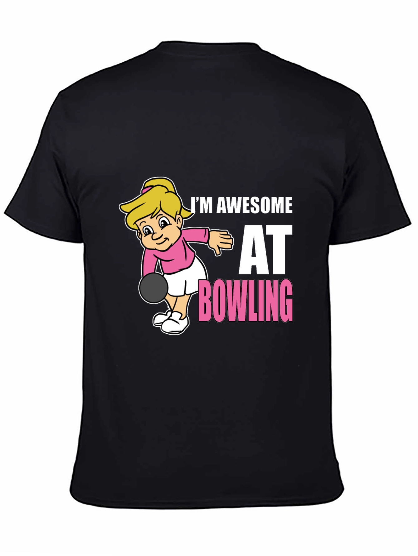 Black Awesome Bowler T-Shirt - Cartoon Girl Bowling Design view 4