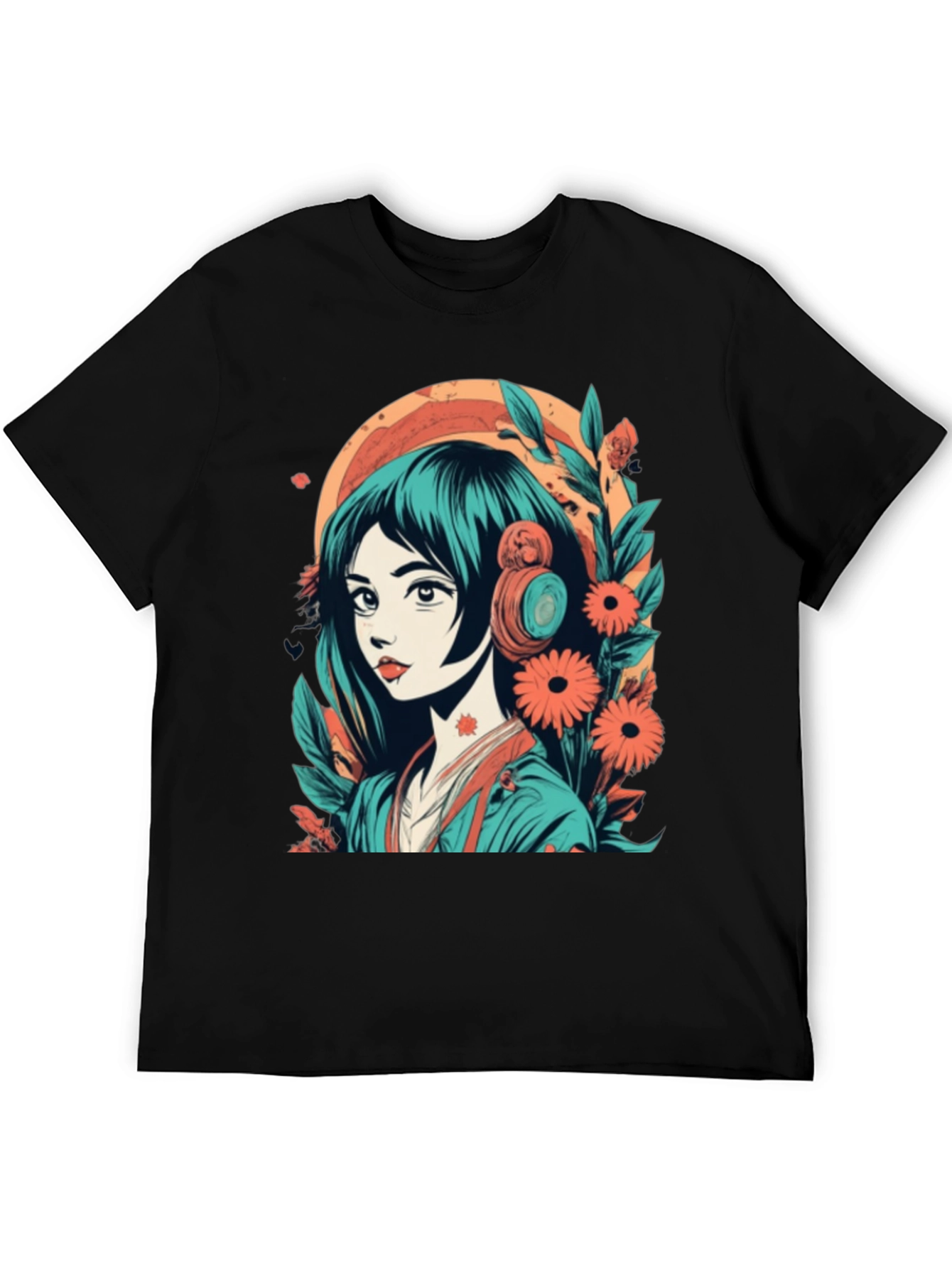 Black Anime Girl Graphic Tee - Floral & Headphones Design view 5