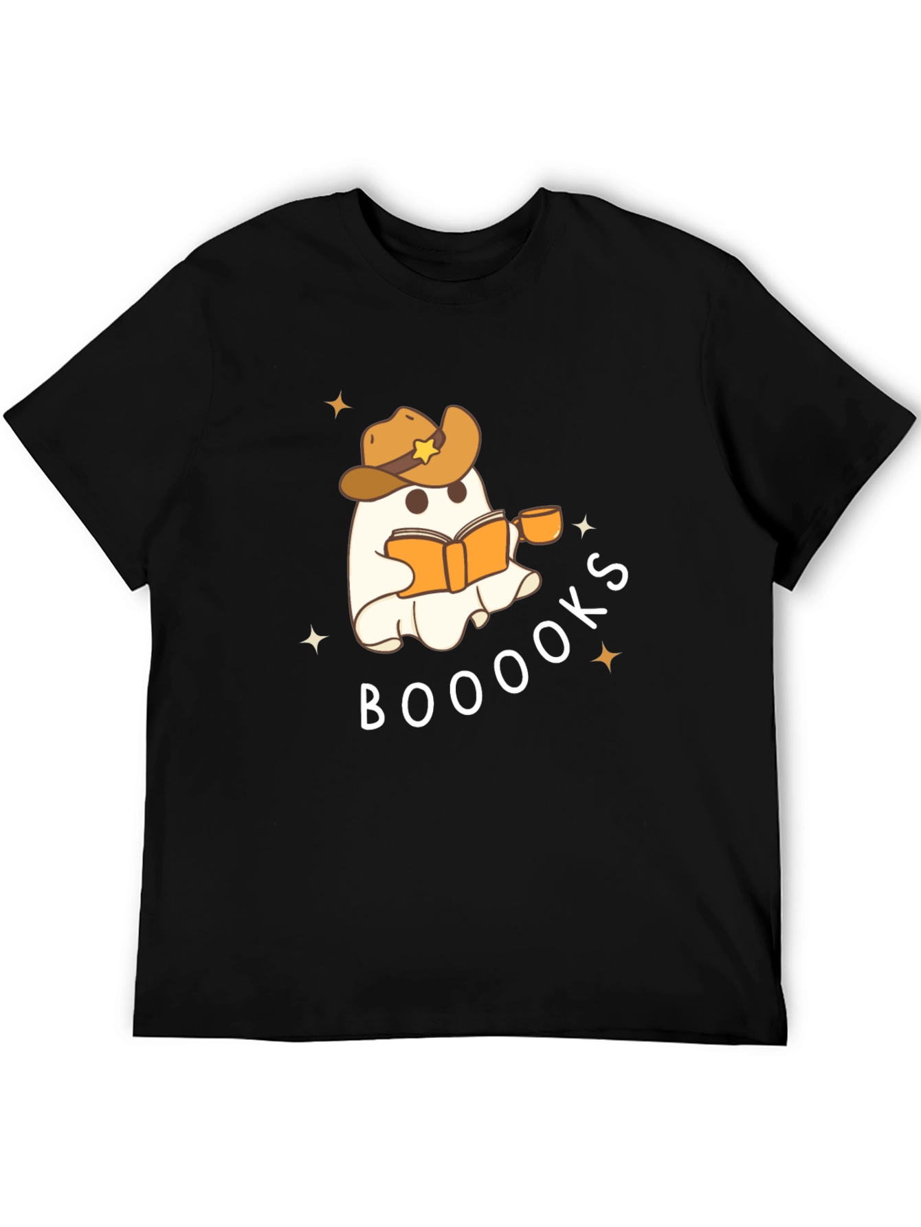 Black Booooks Ghost Reading Cowboy Hat T-Shirt view 5
