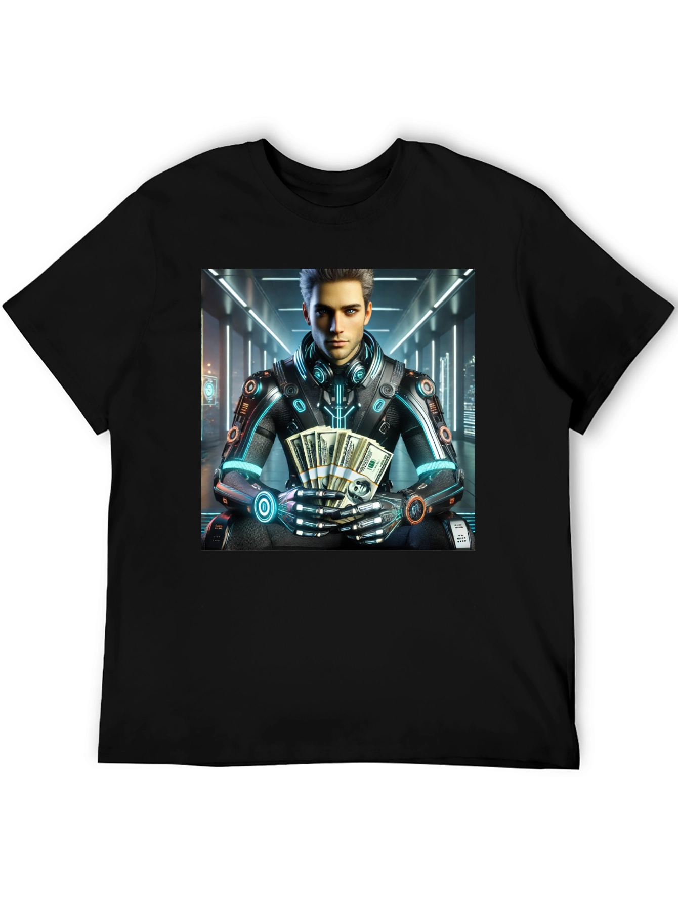 Black Cyberpunk Rich Guy T-Shirt - Futuristic Style view 5