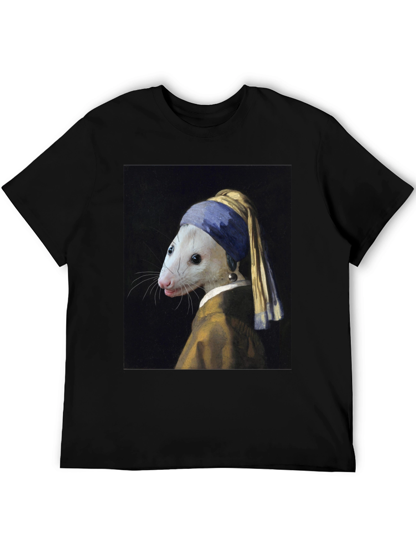 Black Opossum with Pearl Earring T-Shirt - Funny Art Tee view 5