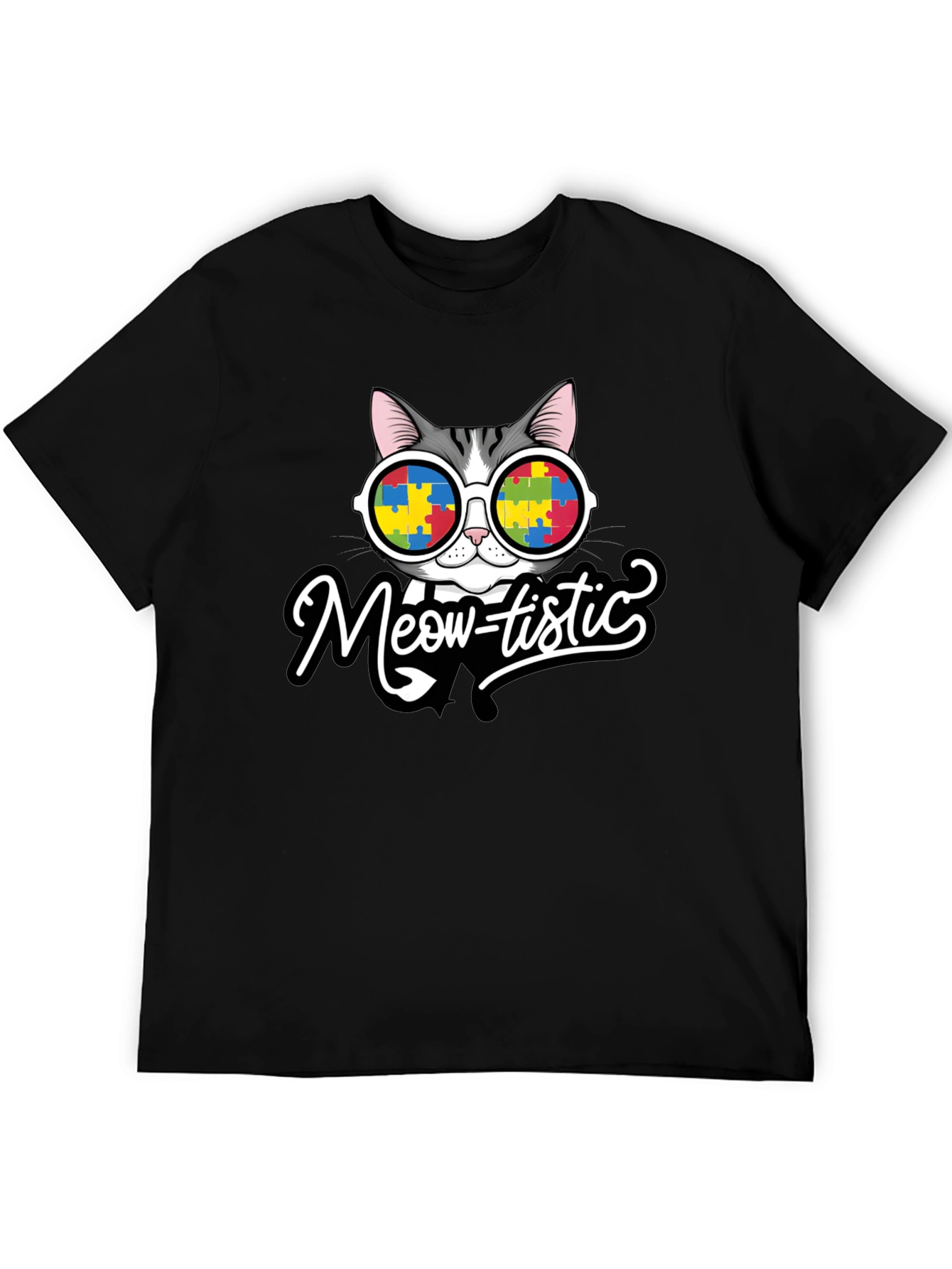 Black Meow-tistic Cat Autism Awareness T-Shirt view 5