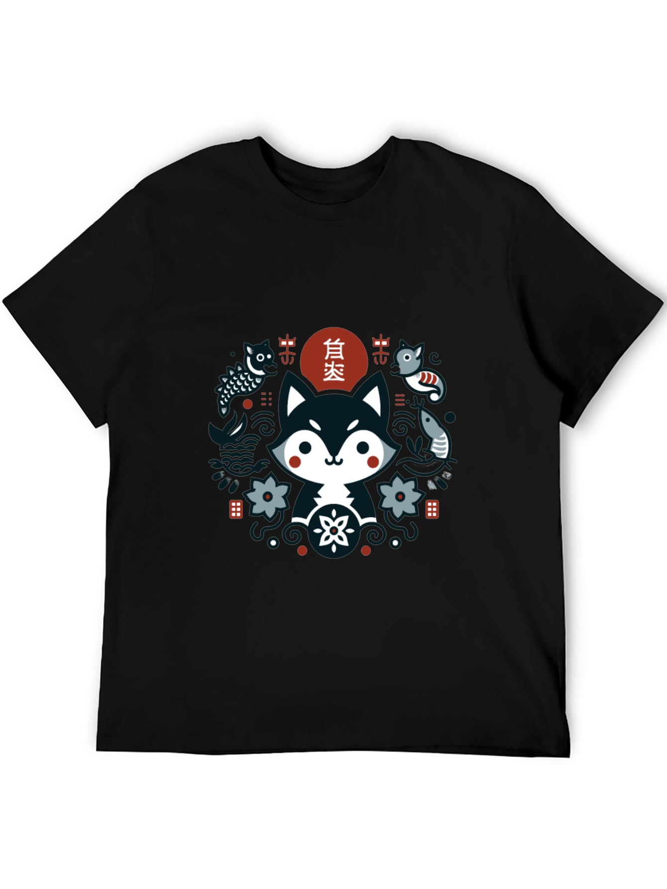 Black Cute Asian Inspired Fox Graphic T-Shirt - Black view 5