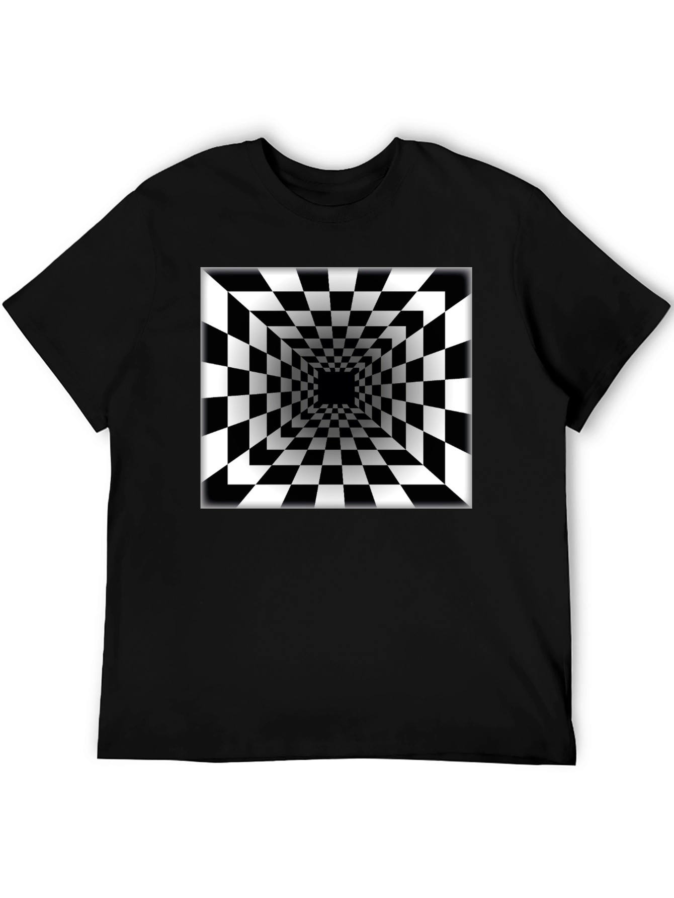 Black Optical Illusion Checkerboard Tunnel Black T-Shirt view 5