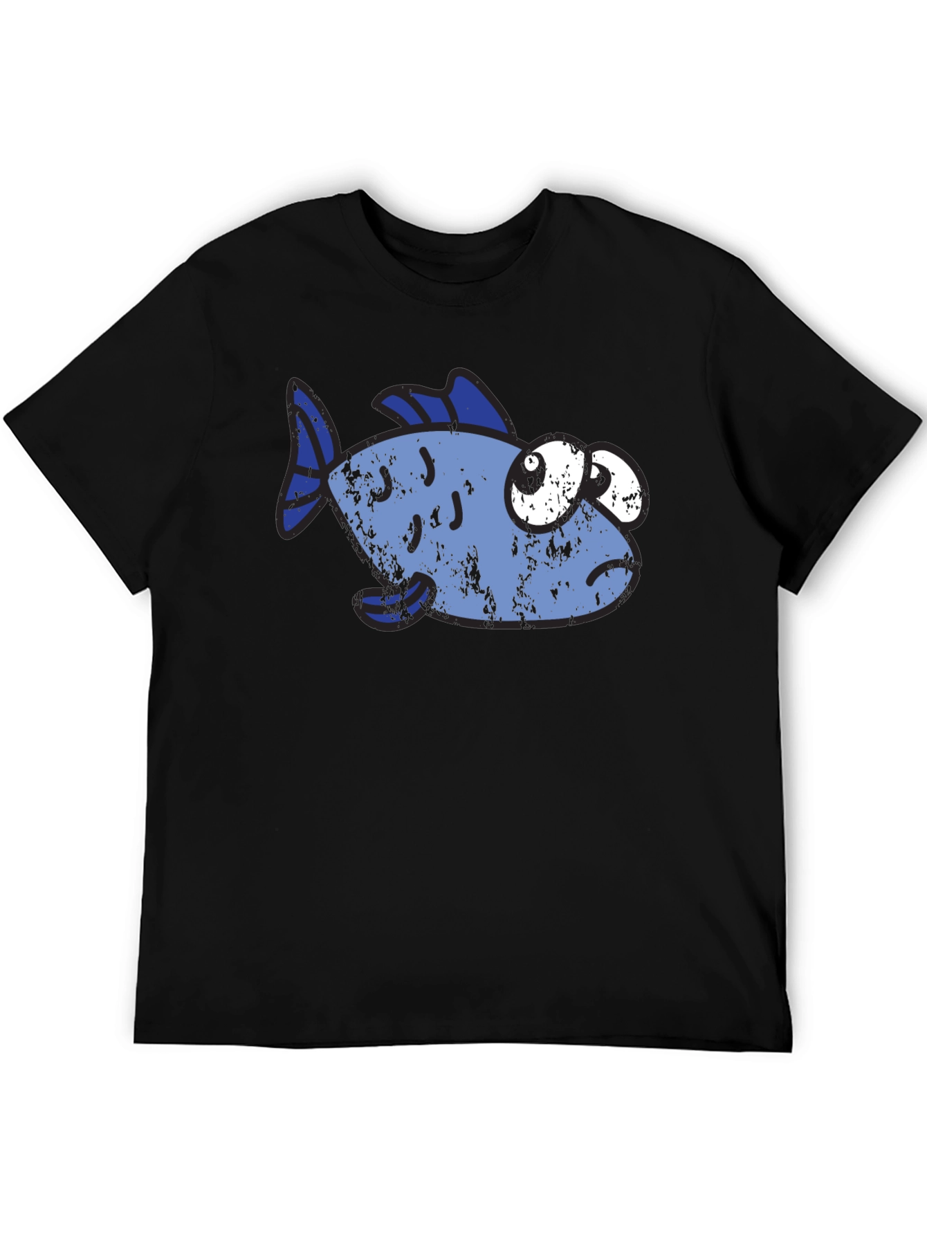Black Funny Distressed Cartoon Fish Graphic T-Shirt view 5