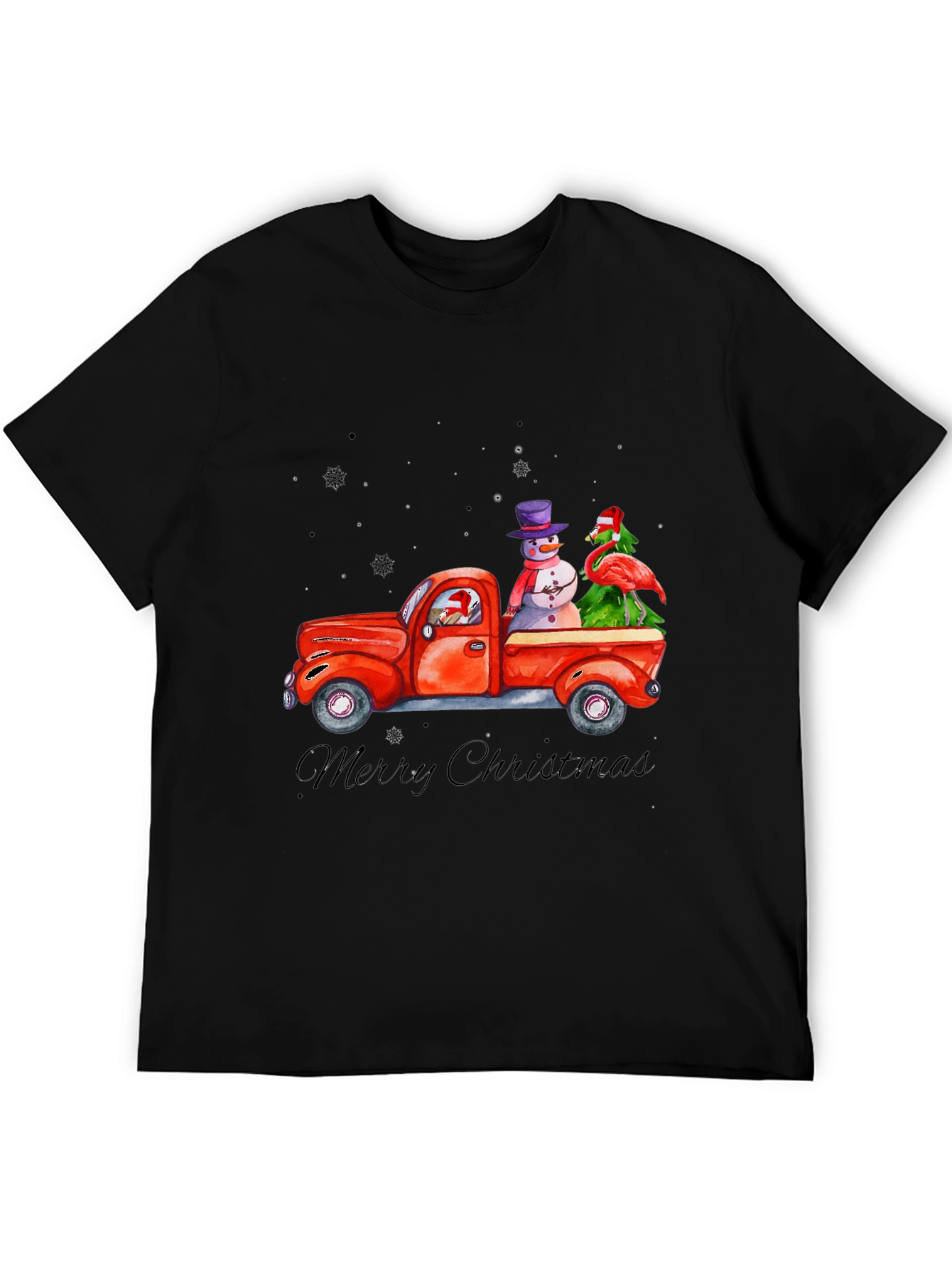 Black Christmas Truck T-Shirt with Snowman & Flamingo view 5