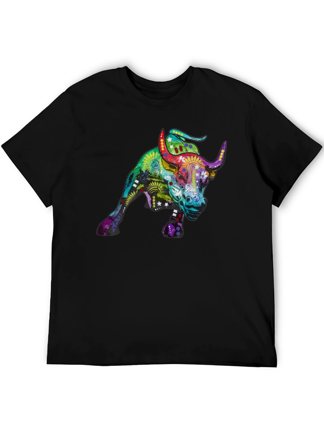 Black Colorful Bull Graphic Print Black T-Shirt view 5