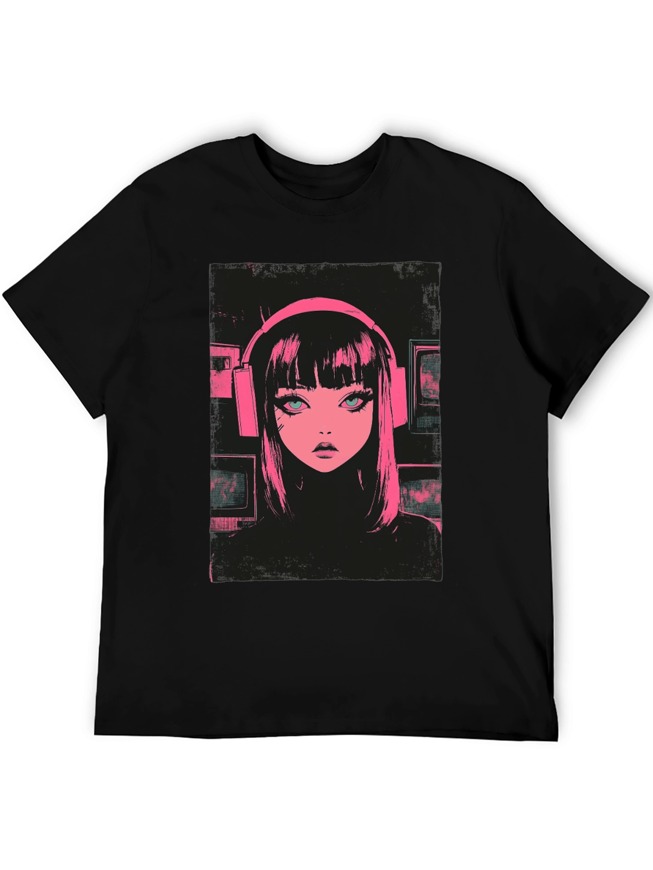 Black Anime Girl Pink Headphones Black T-Shirt view 5