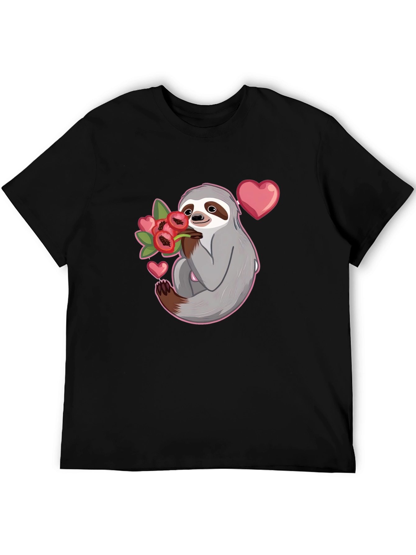 Black Sloth Holding Flowers T-Shirt - Cute Valentine's Day Gift view 5