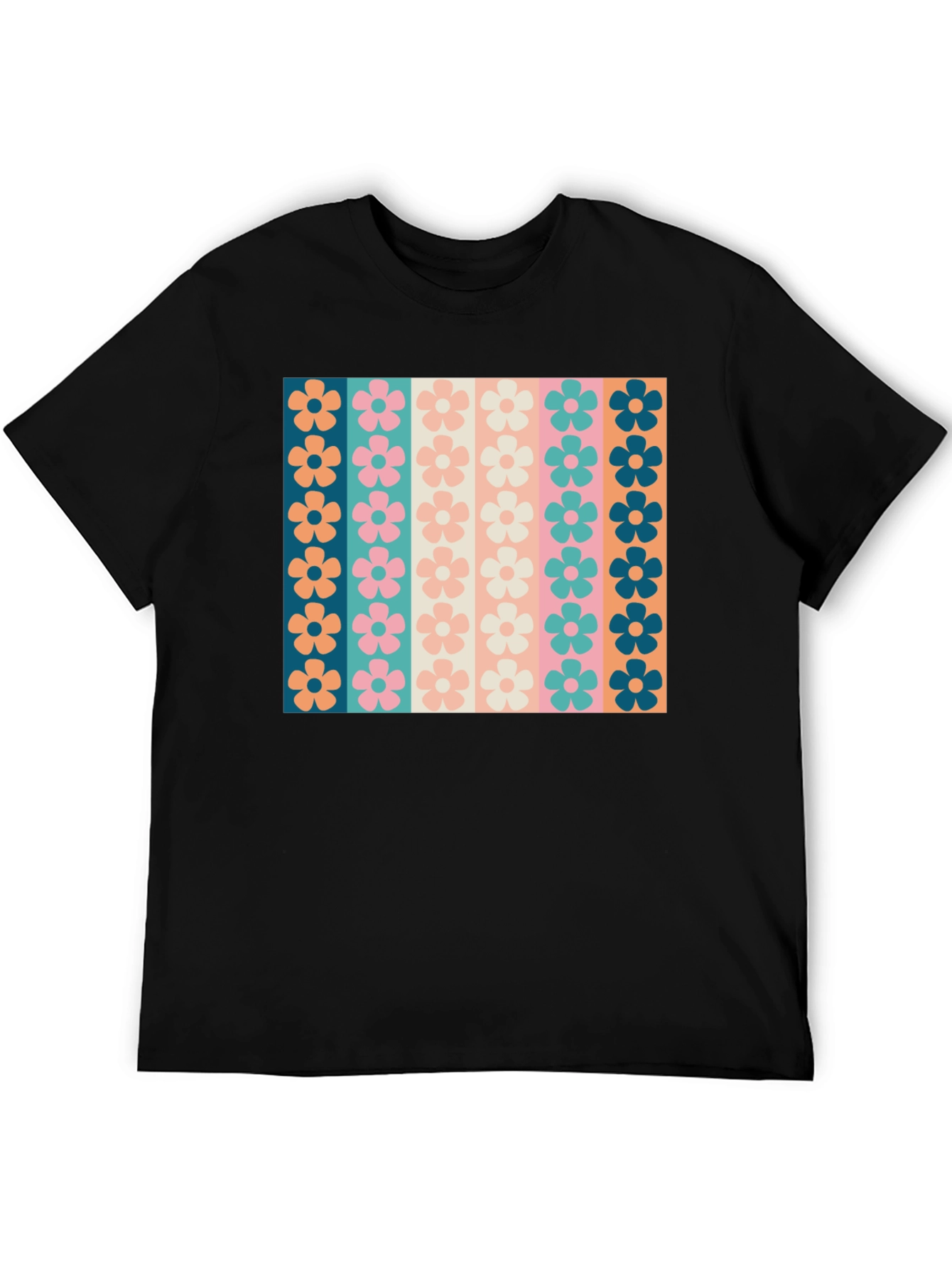 Black Retro Floral Stripe T-Shirt - Black Crew Neck Tee view 5