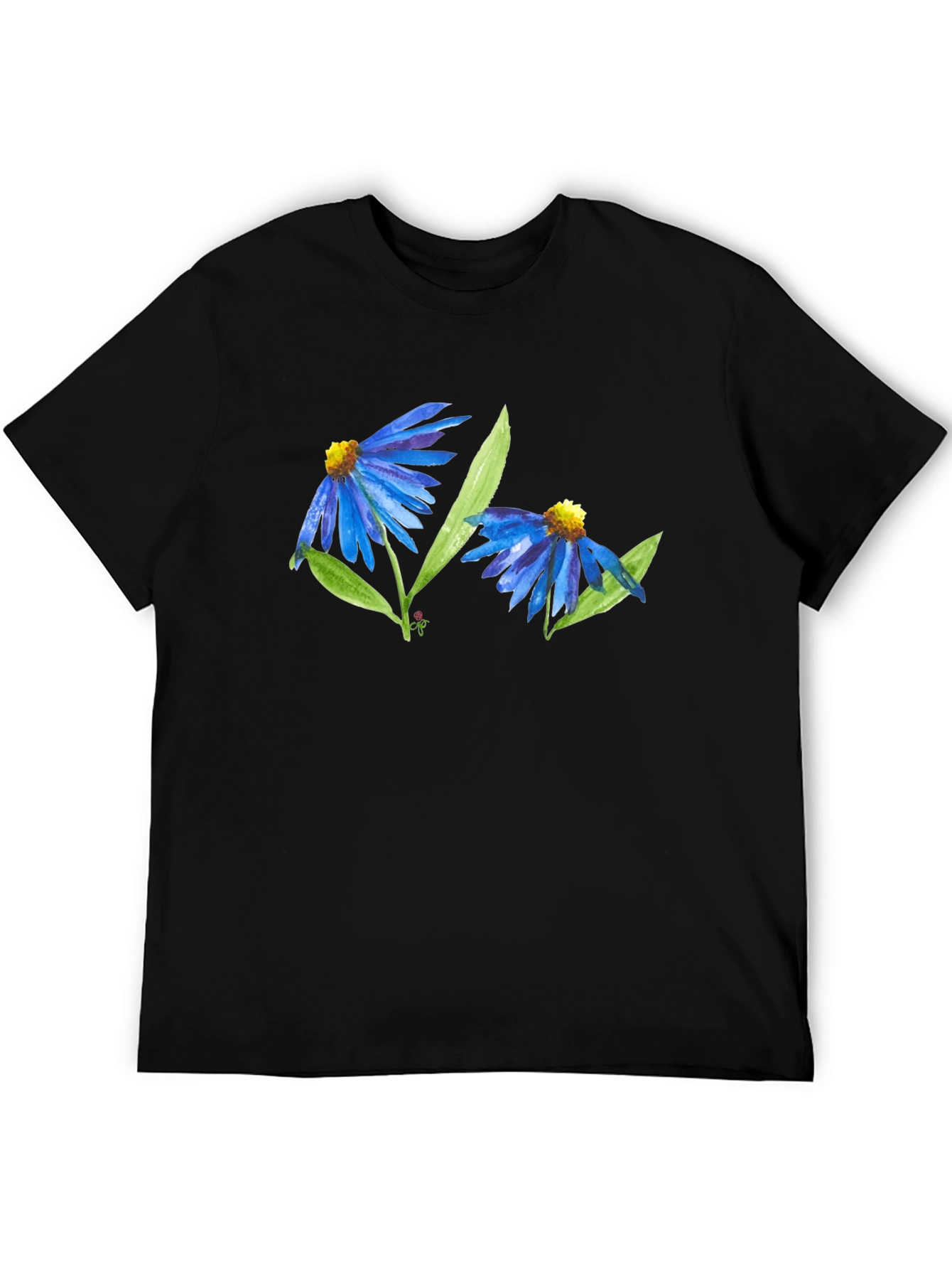 Black Blue Flower Graphic T-Shirt - Soft Cotton Blend view 5