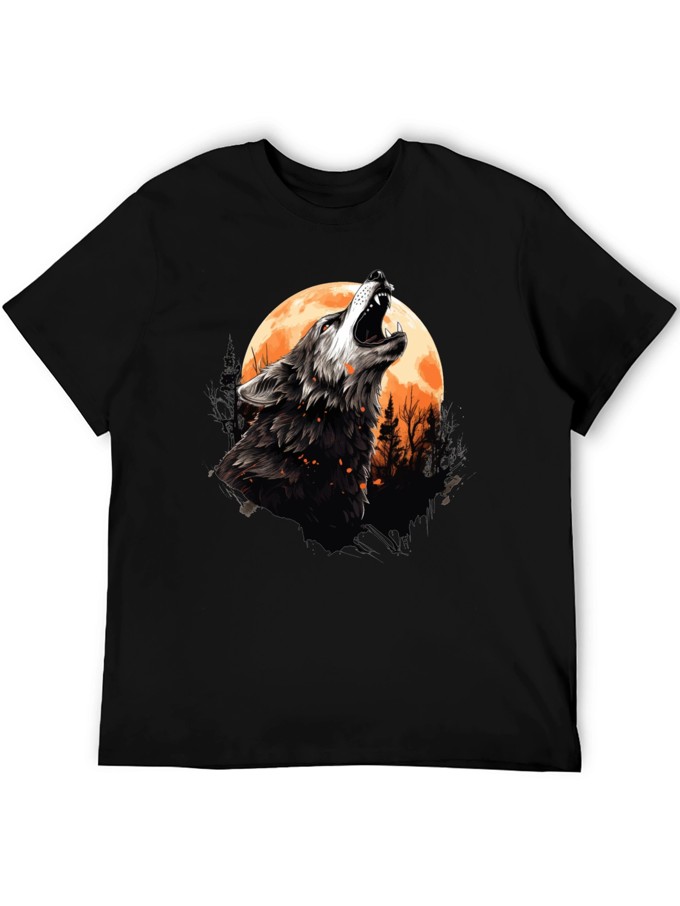 Black Wolf Howling at Moon Graphic Tee - Black Cotton view 5