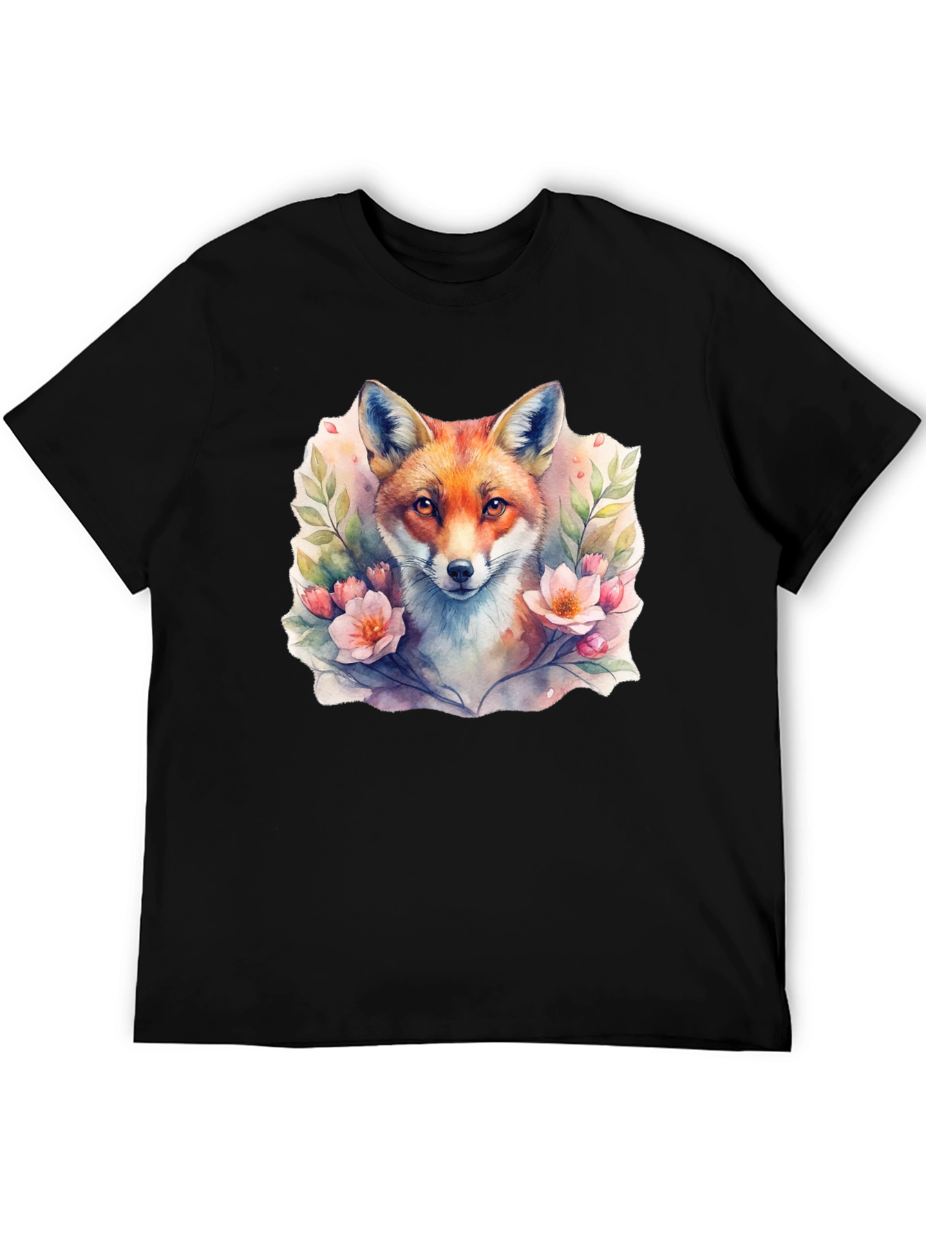 Black Fox Floral Watercolor Graphic Tee - Unisex Black T-Shirt view 5