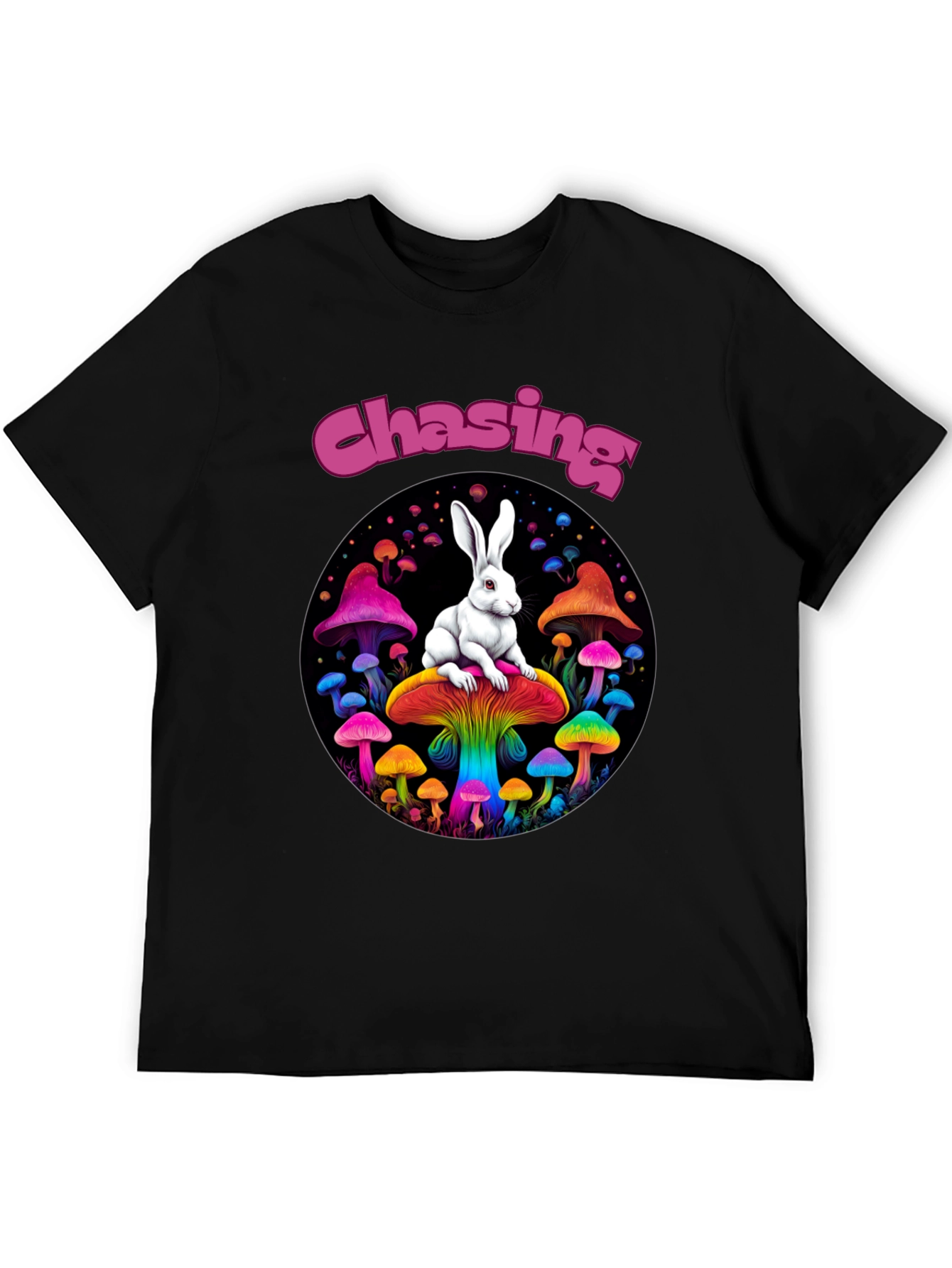 Black Chasing Rabbit Mushroom Graphic Tee view 5