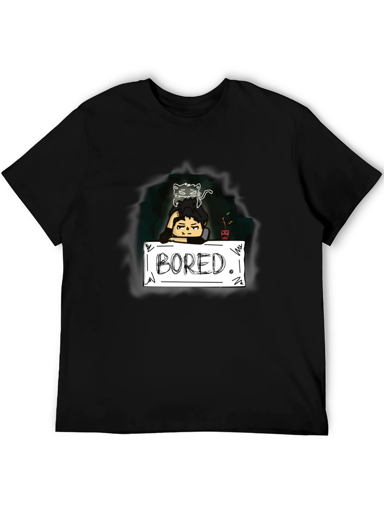 Black Bored Cat Graphic Tee - Black Cotton T-Shirt view 5