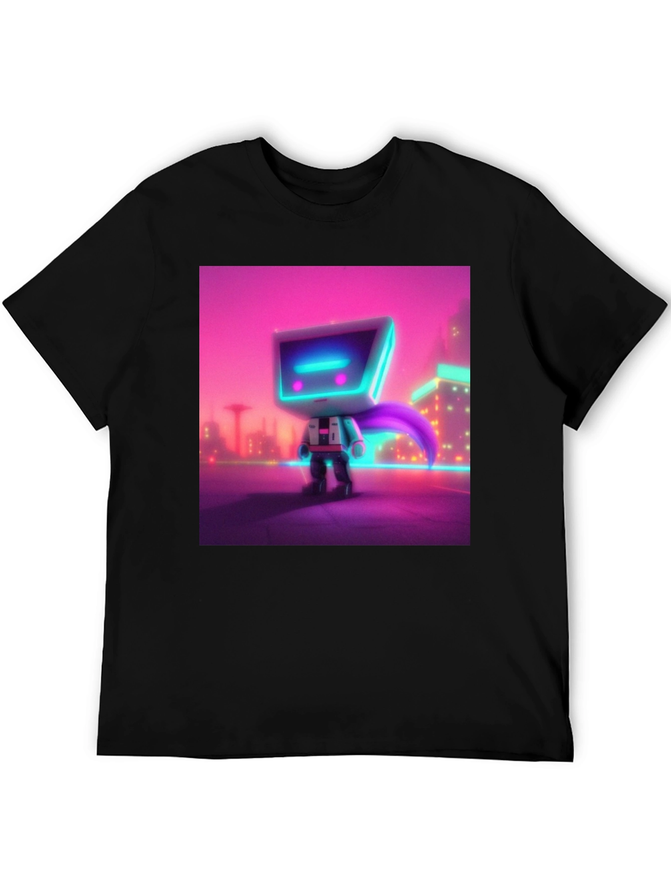 Black Cyberpunk Robot T-Shirt - Neon City Hero view 5